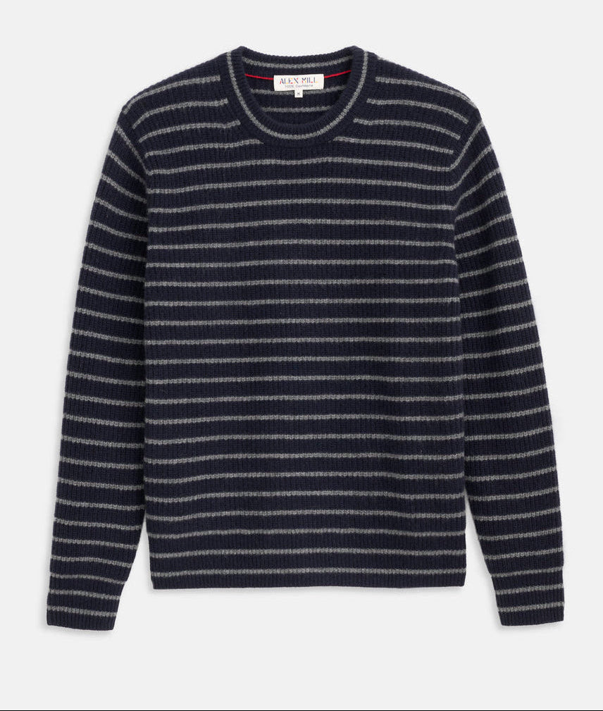 Navy and gray striped sweater on a white background