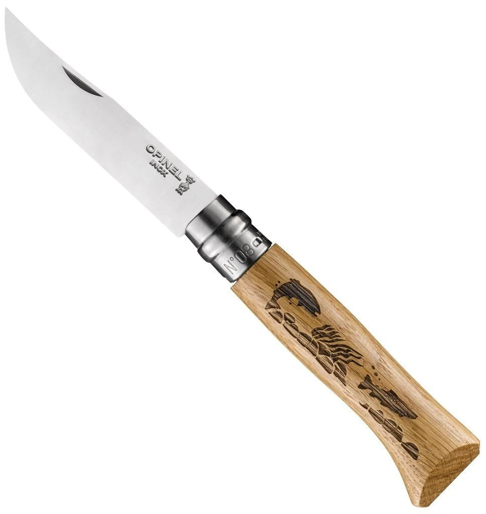 No.08 Oak Engraved Handle Folding Knife - Animalia Trout