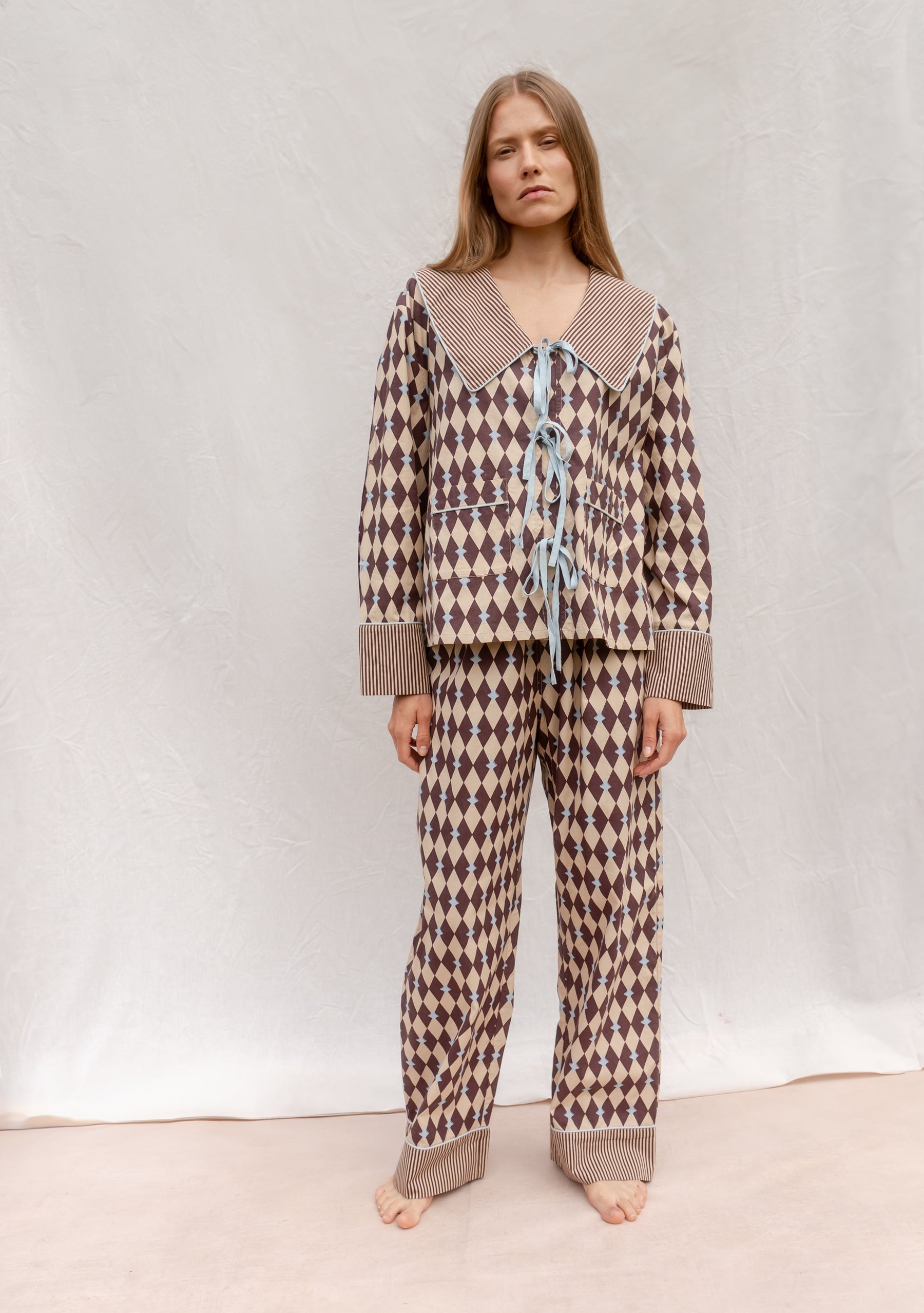 Womens Cotton Pyjamas - Camel Harlequin