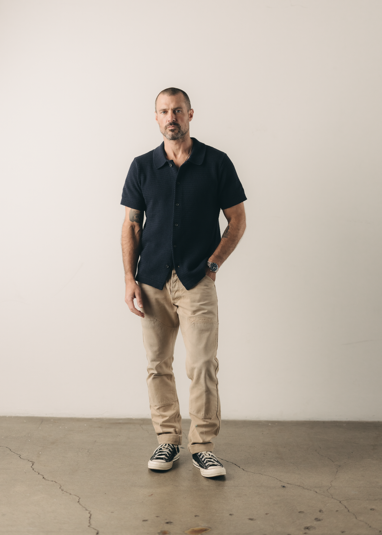 The Button Down Polo in Dark Navy Crochet