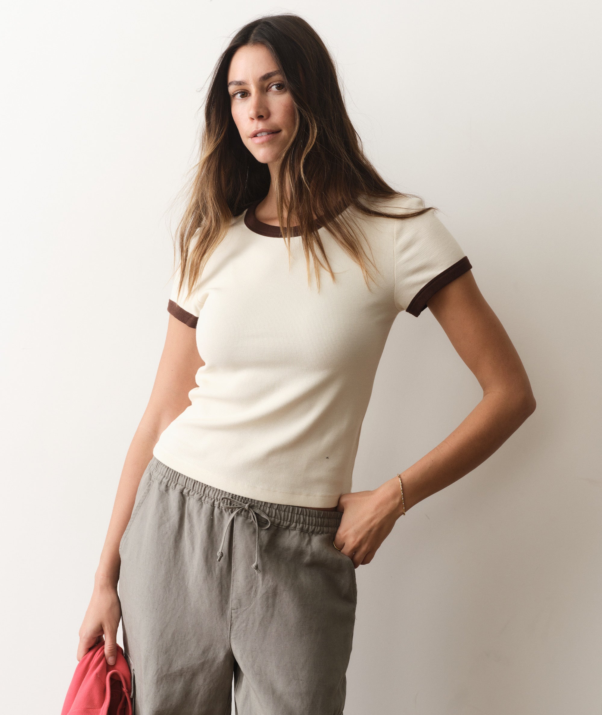 Lexi Rib Ringer Tee - Cream & Coffee