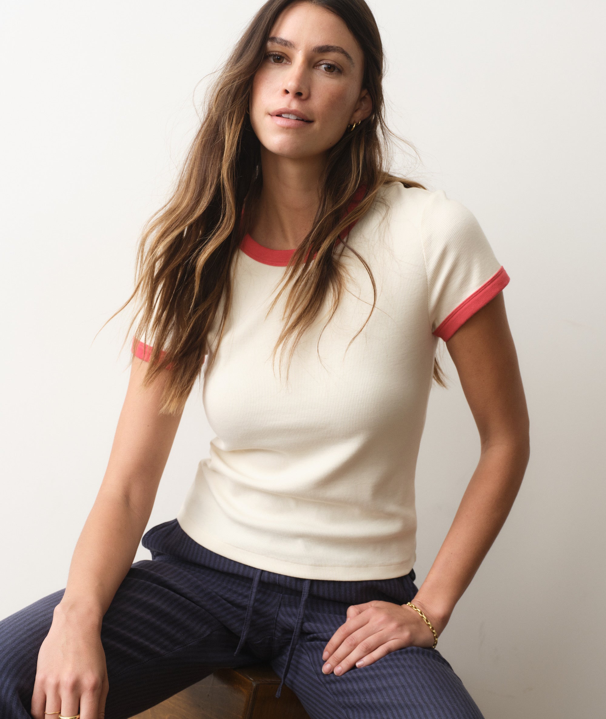 Lexi Rib Ringer Tee - Cream & Poppy