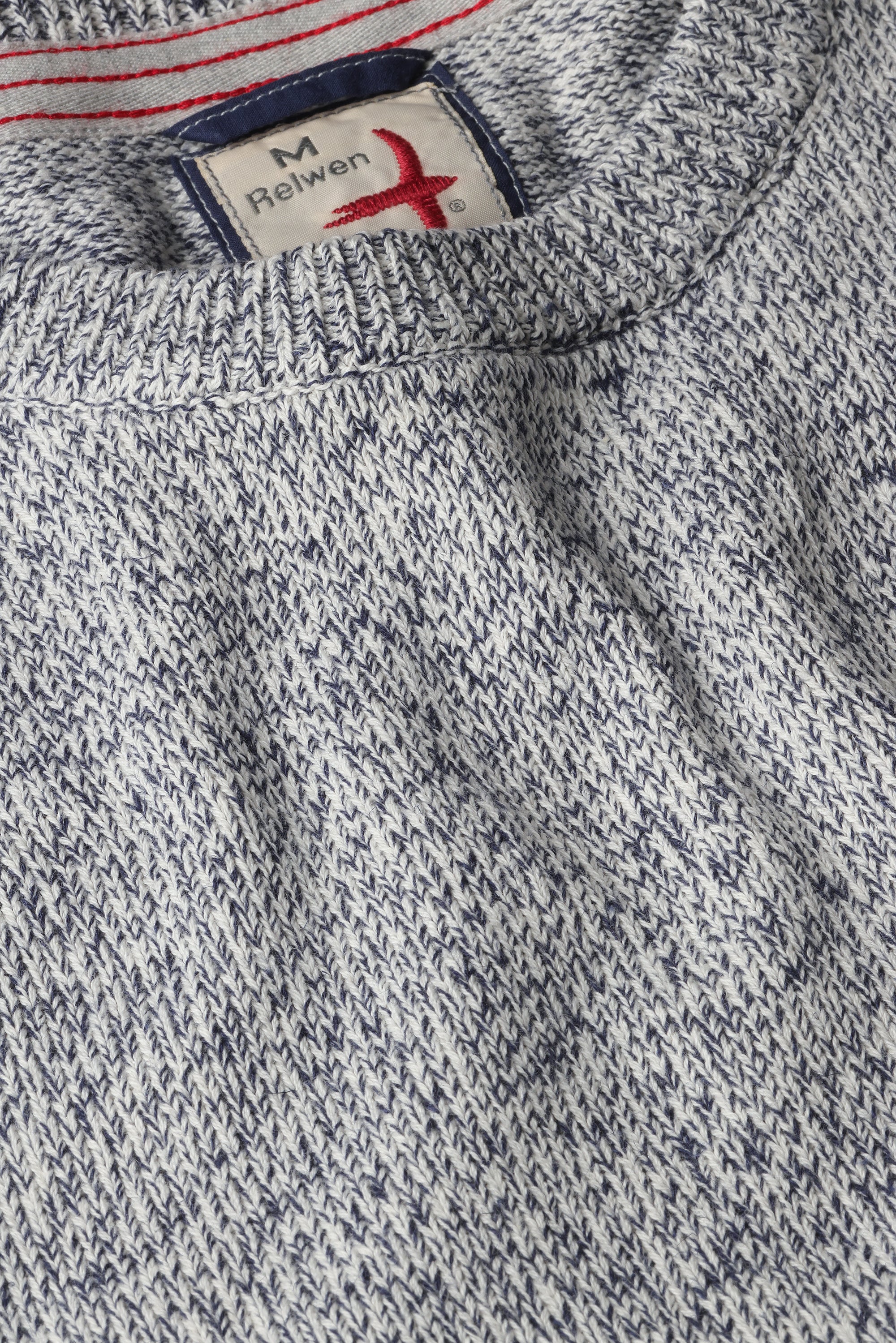 Cotton Linen Sweater Crew - White / Navy Twist