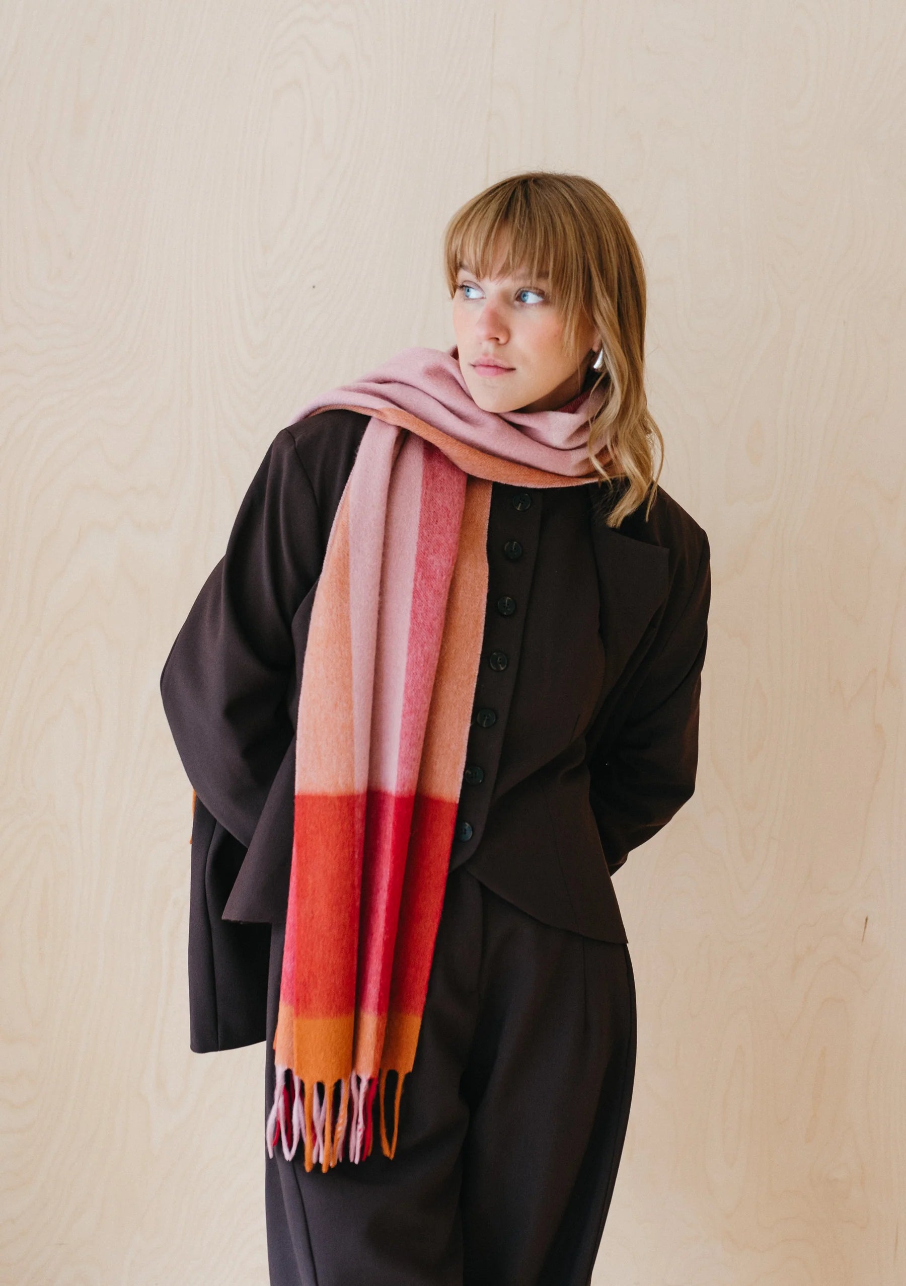 Lambswool Oversized Scarf in Berry Edge Check