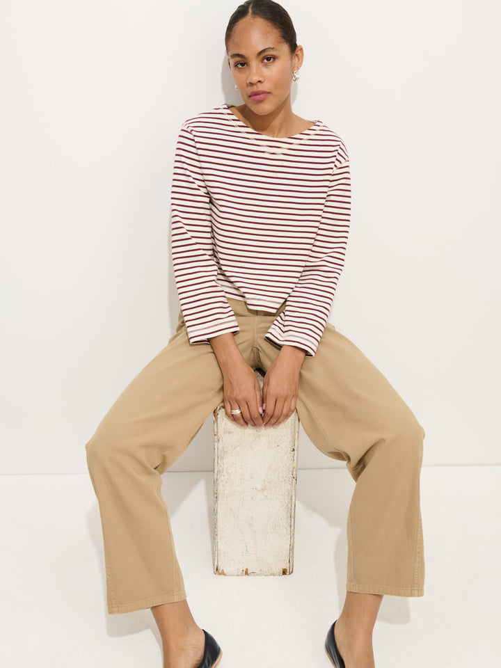 Marseille Boatneck Striped Tee in Cotton - Off White/Burgundy