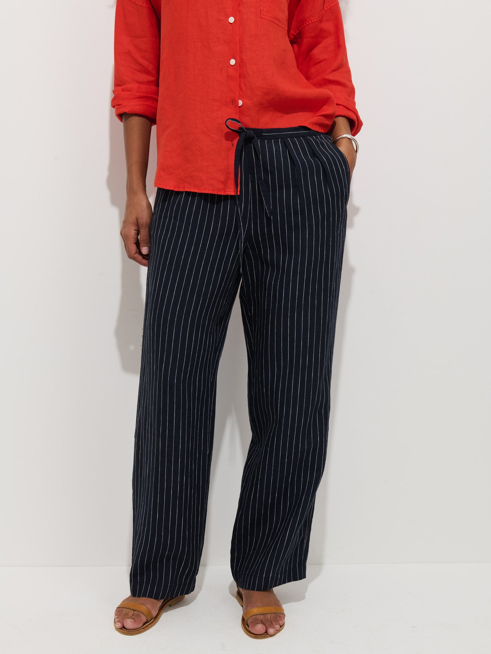 Hudson Pinstripe Pant in Linen - Navy / Ivory Stripe