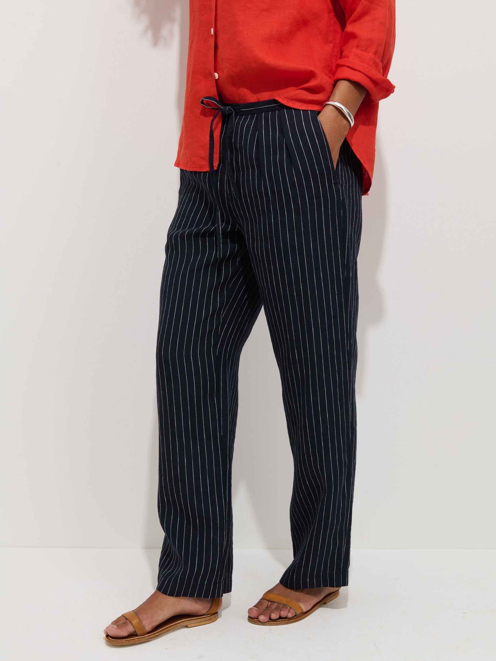 Hudson Pinstripe Pant in Linen - Navy / Ivory Stripe