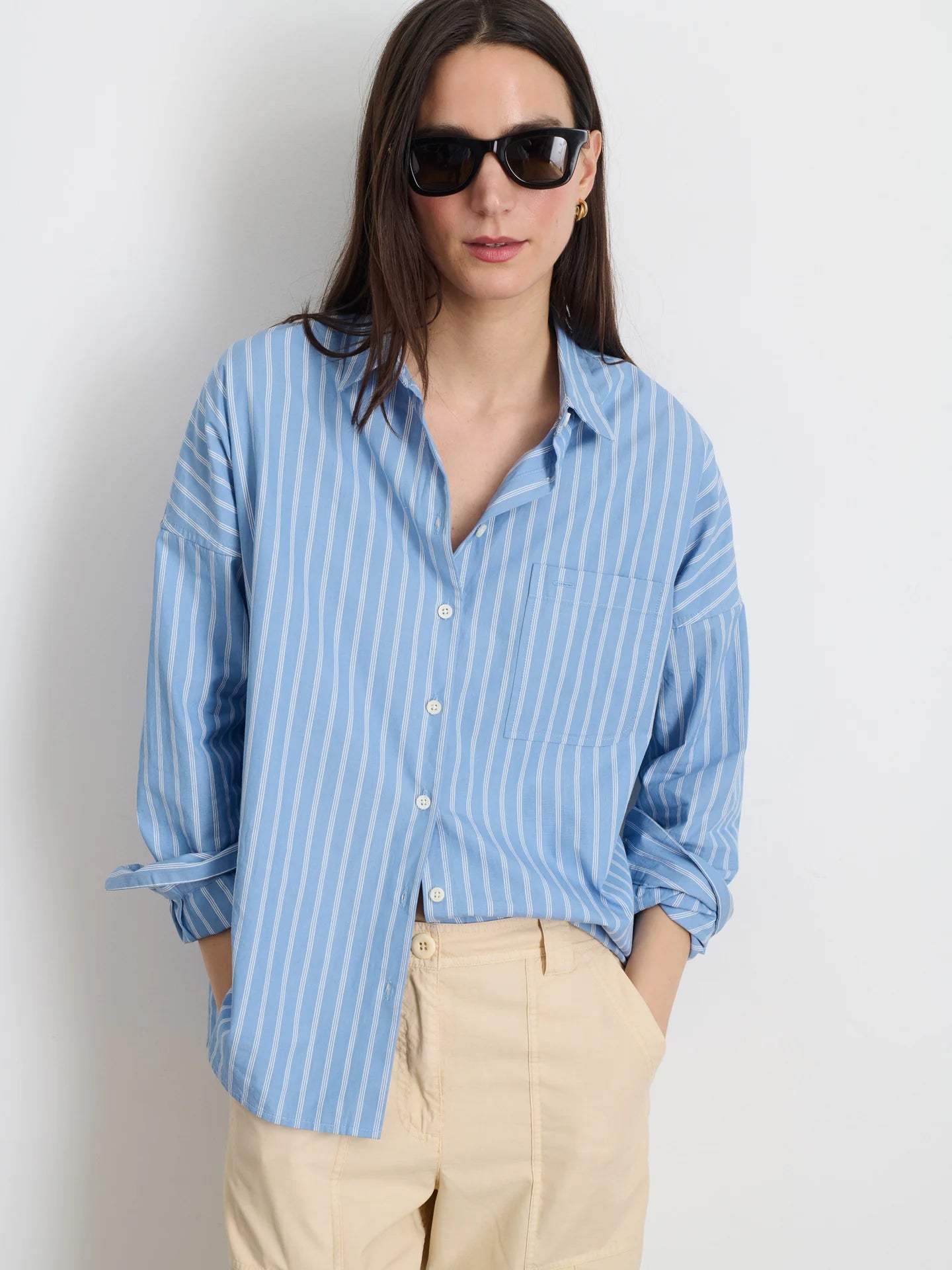 Jo Shirt in Striped Poplin - Blue Stripe