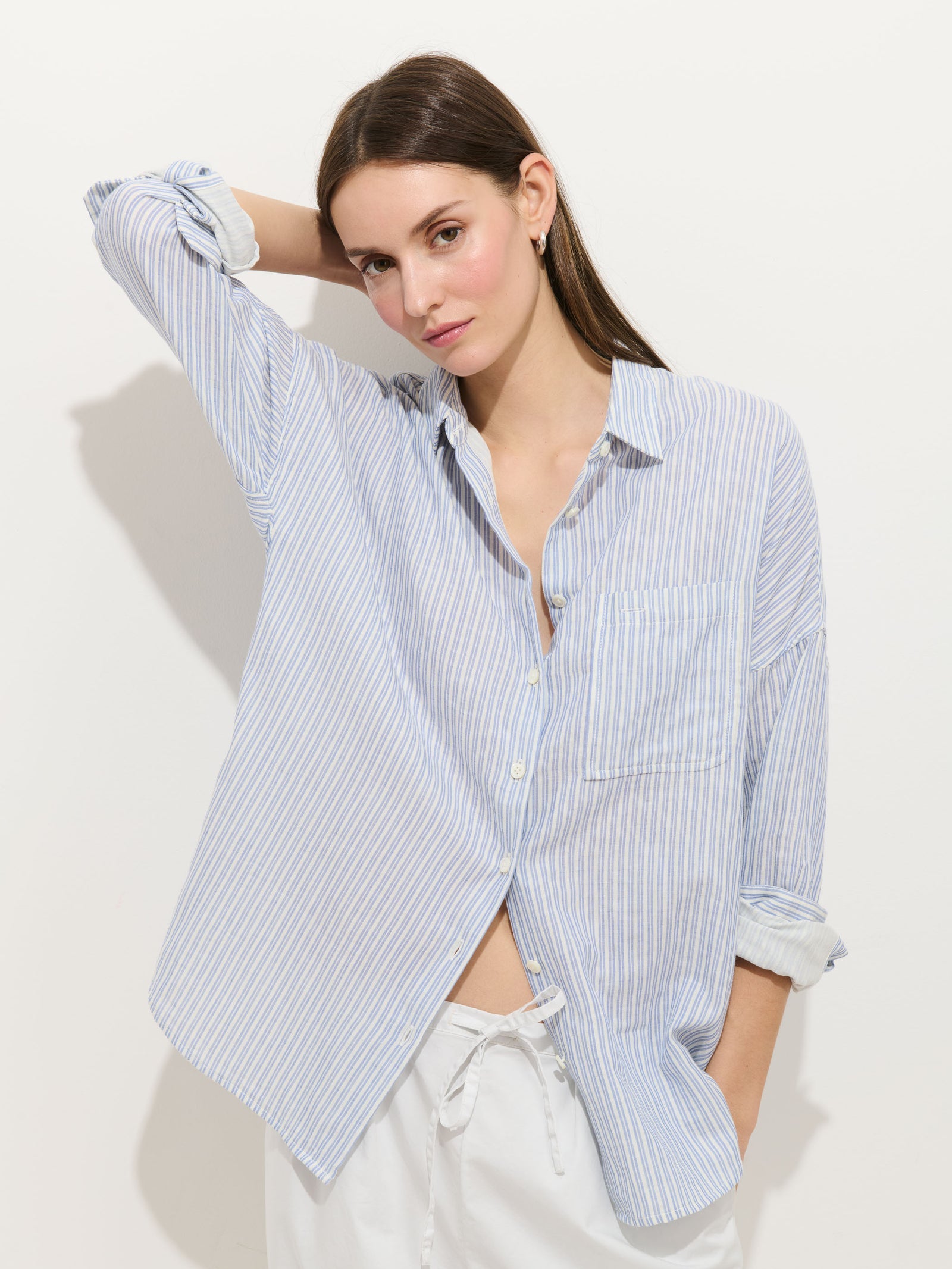 Jo Shirt in Double Gauze - Ivory/Blue Stripe
