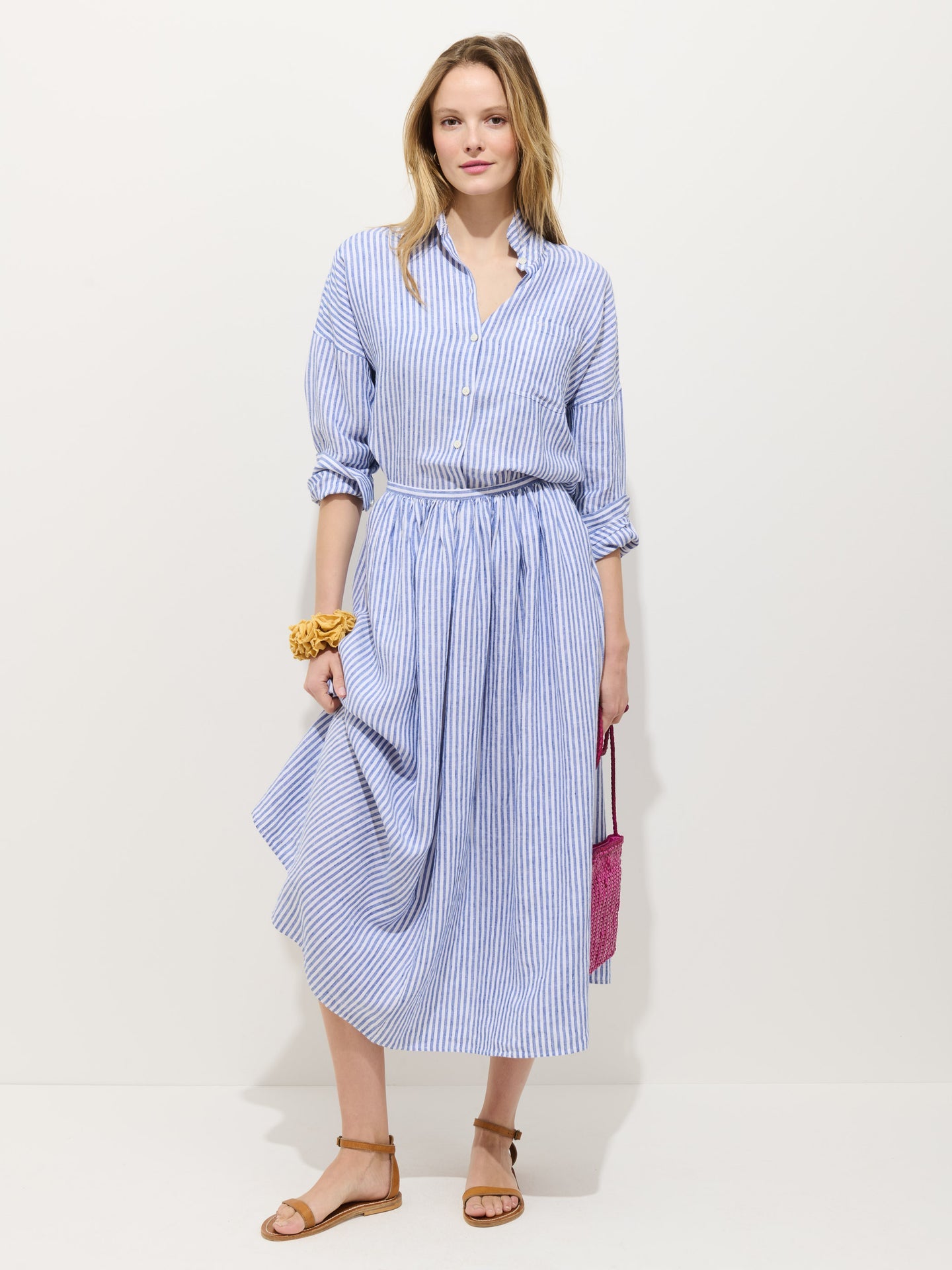 Sarah Striped Skirt in Linen - Ocean / Ivory