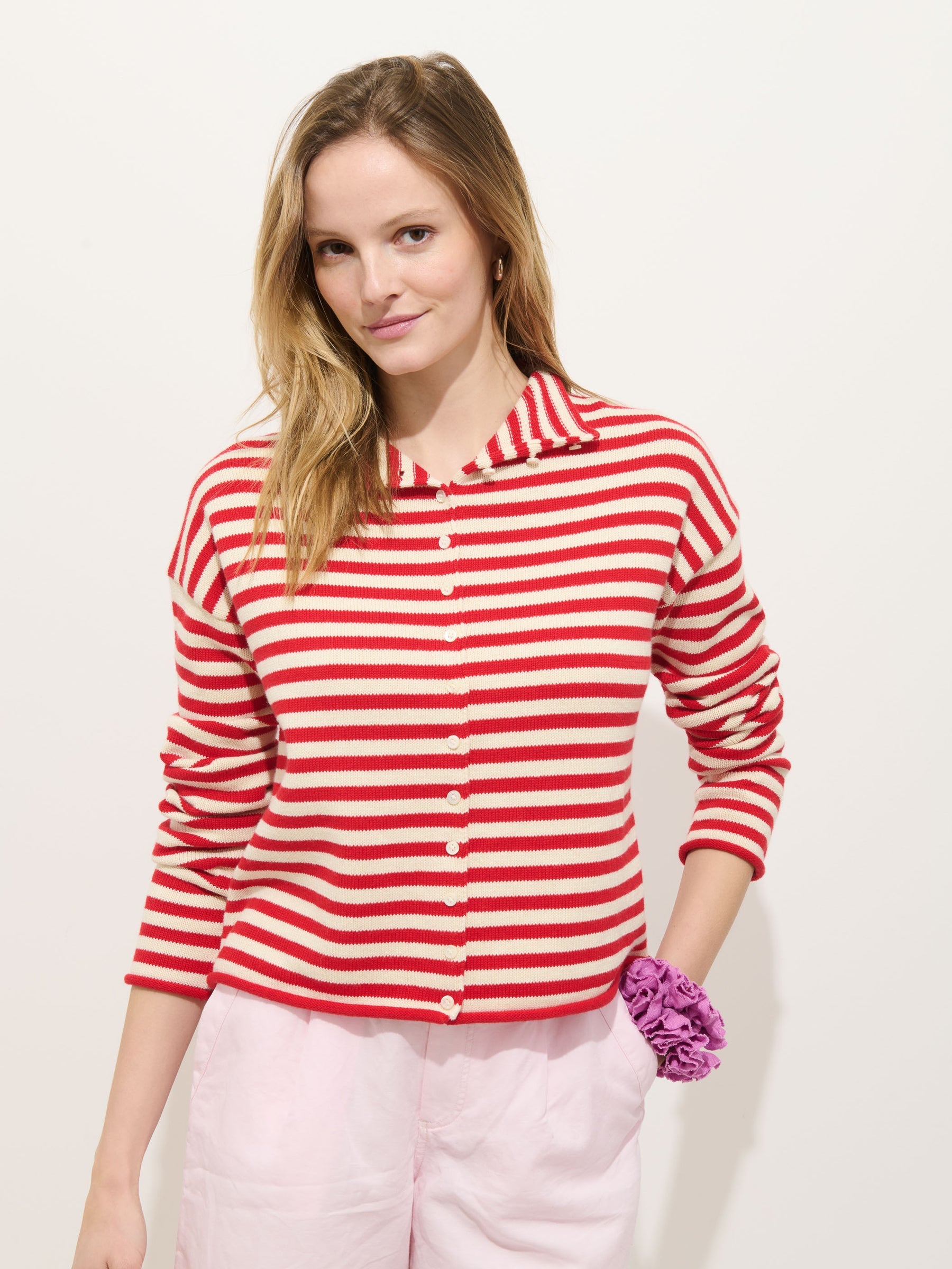 Taylor Striped Cardigan in Cotton Cashmere - Ivory Red