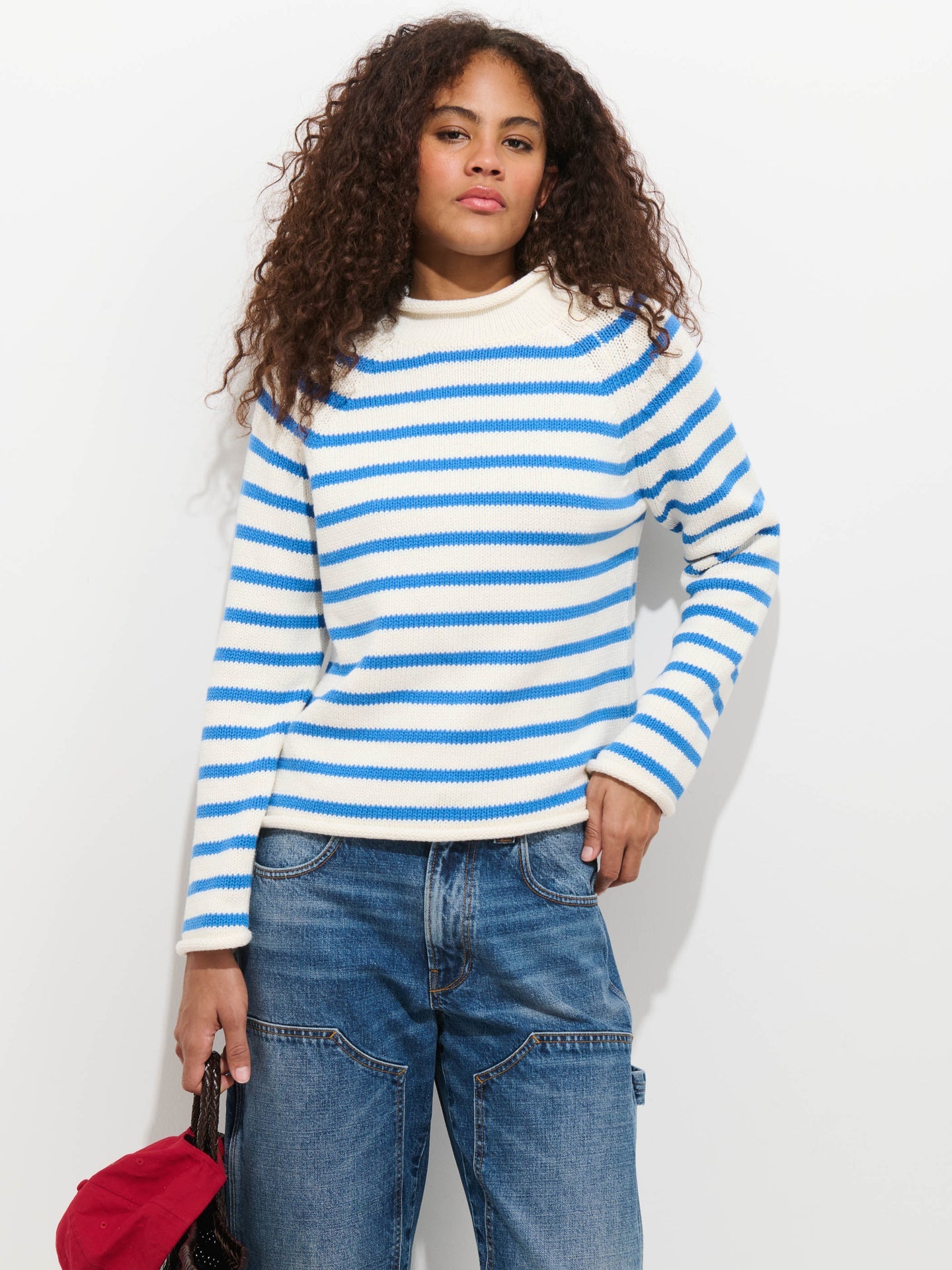 Eastport Striped Rollneck in Cotton -  Sea Salt/Ultramarine