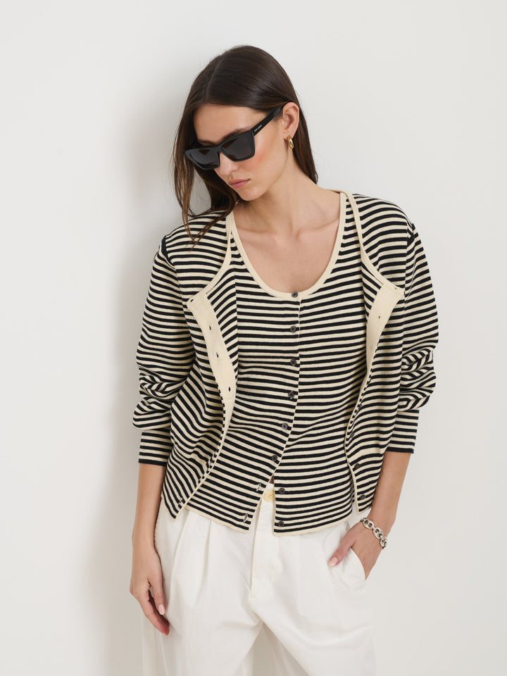 Louisa Striped Cardigan in Cotton Cashmere: Cream/Black