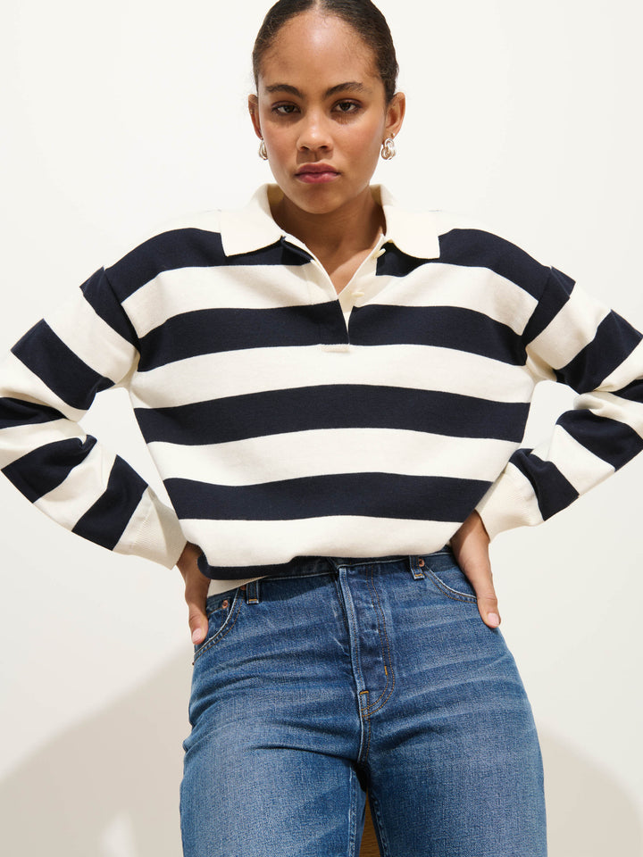 Bond St Striped Polo in Cotton Cashmere - Ivory/Navy