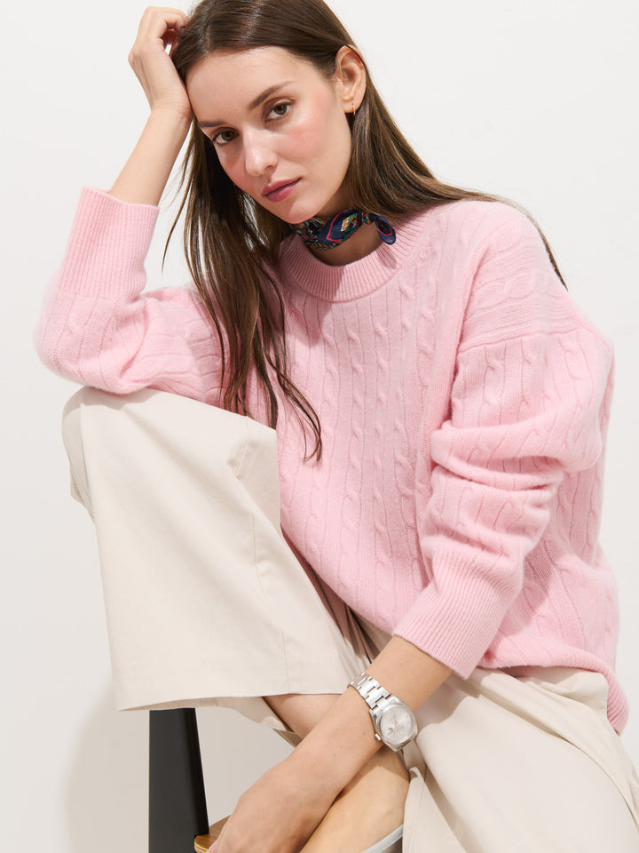 Charlie Cable Sweater in Cashmere - Rose Quartz