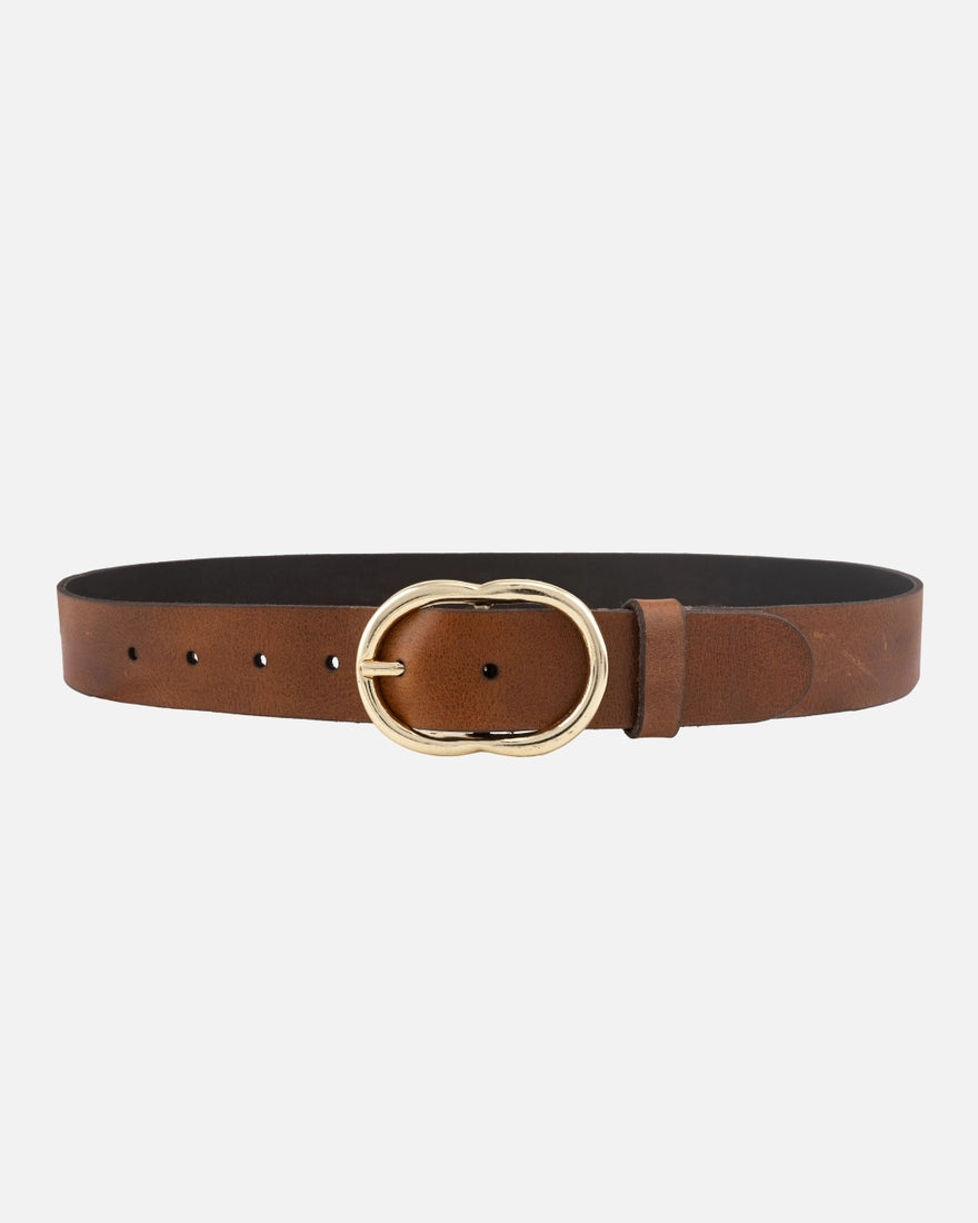 Elise Classic Leather Belt with Gold Oval Buckle - Cognac