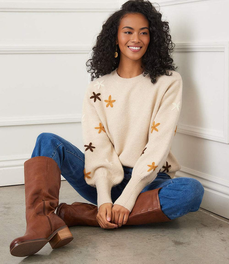 Embroidered Flower Sweater - Ecru