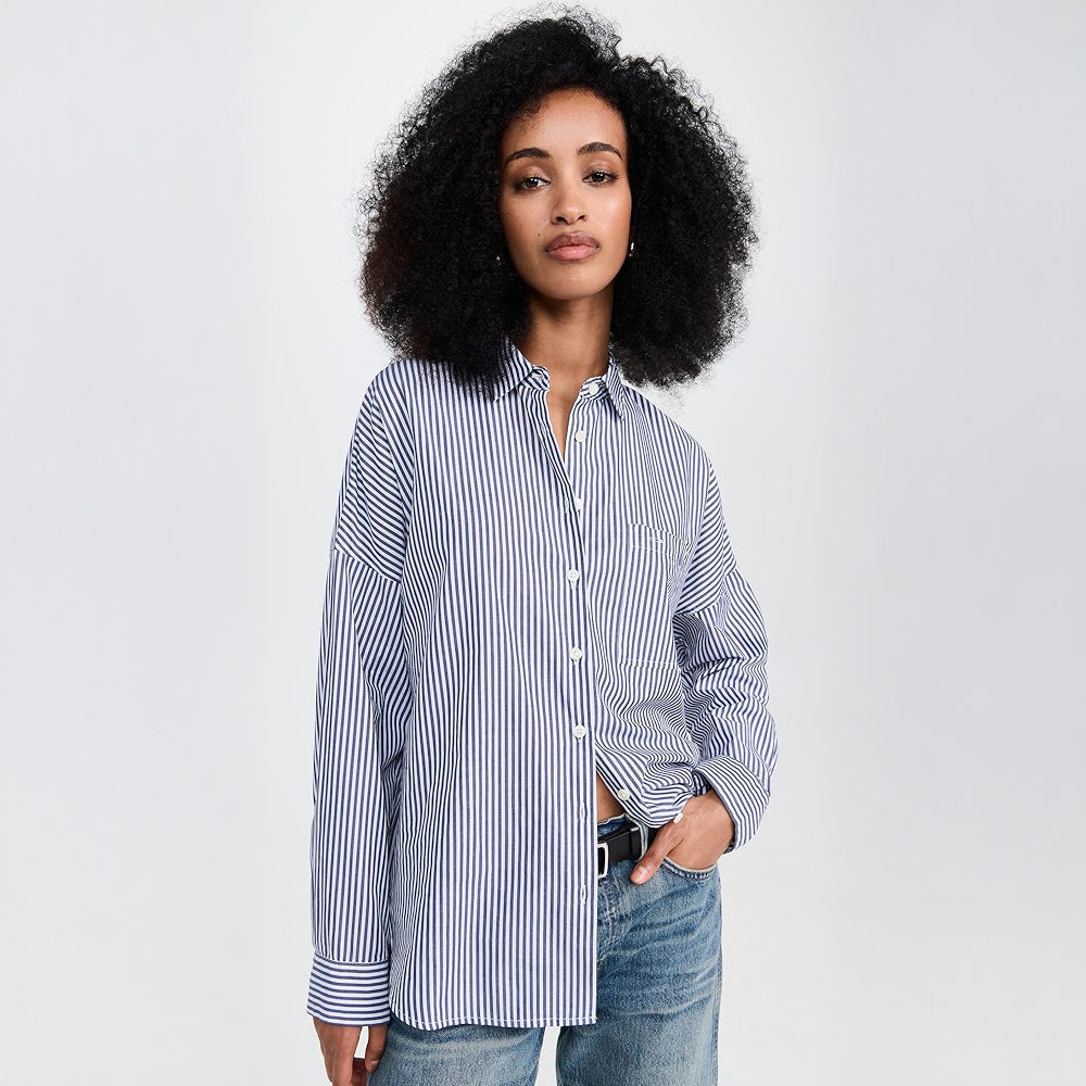 Jo Shirt in Striped Paper Poplin - Navy/White