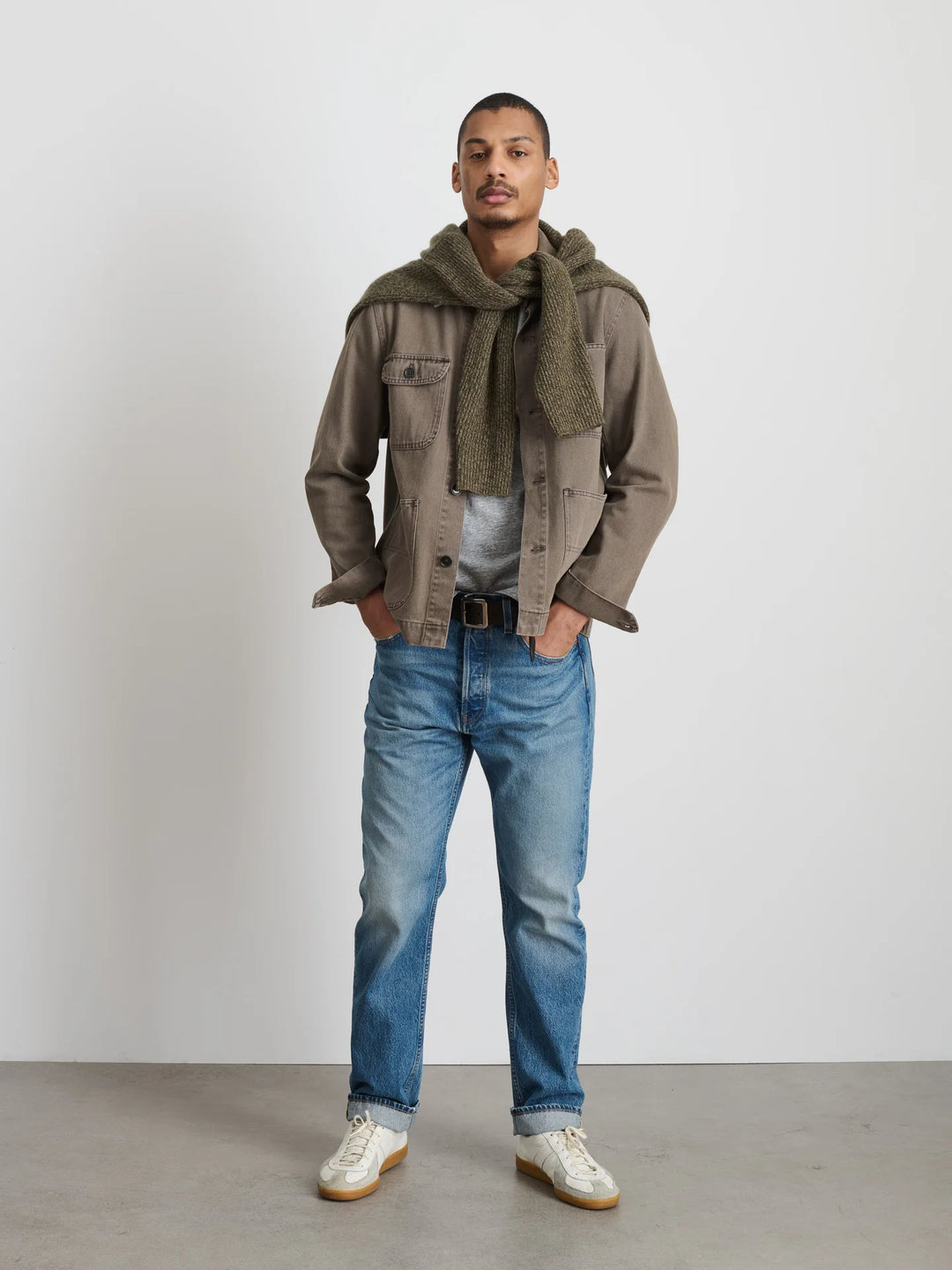 Garment Dyed Work Jacket in Recycled Denim - Thyme