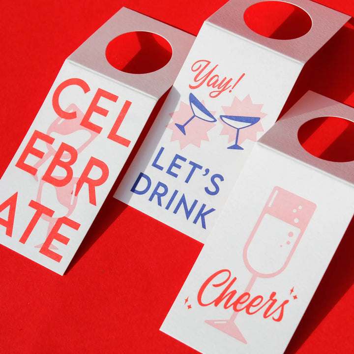 3 Pack Letterpress Bottle Tags - Cheers, Celebrate, Yay! Let's Drink