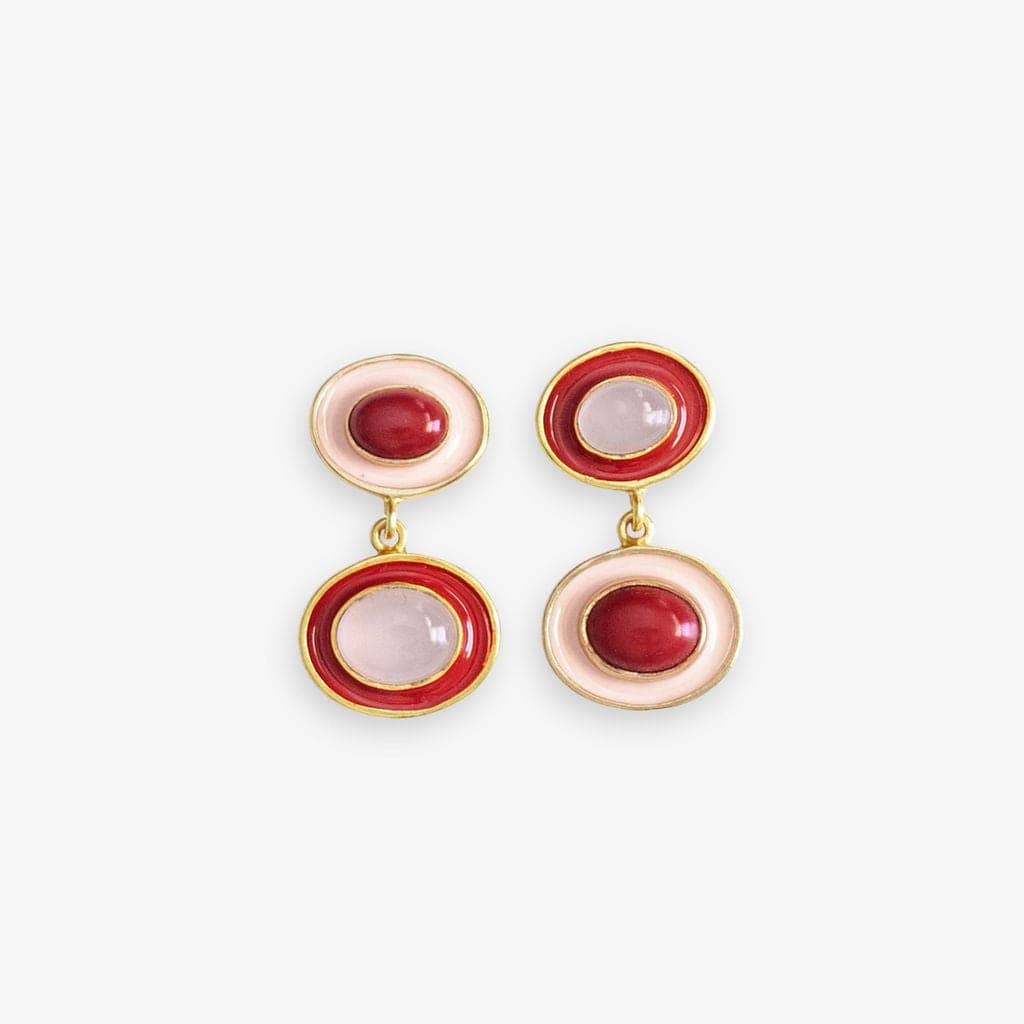 Betty Semi-Precious Mixed Stone and Enamel Drop Earrings - Red and Blush