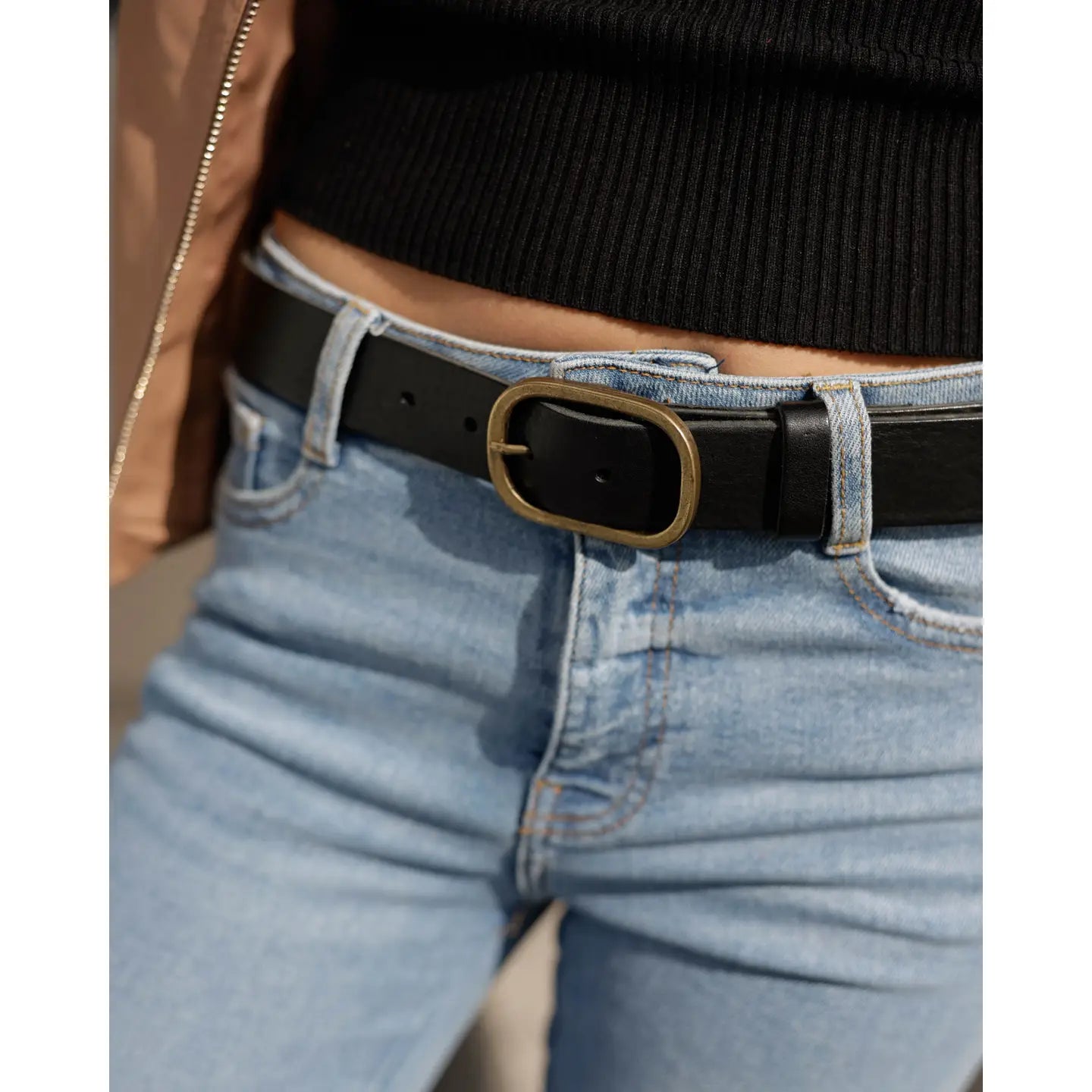 Marin Gold Oval Buckle Design Statement Leather Belt Women - Black