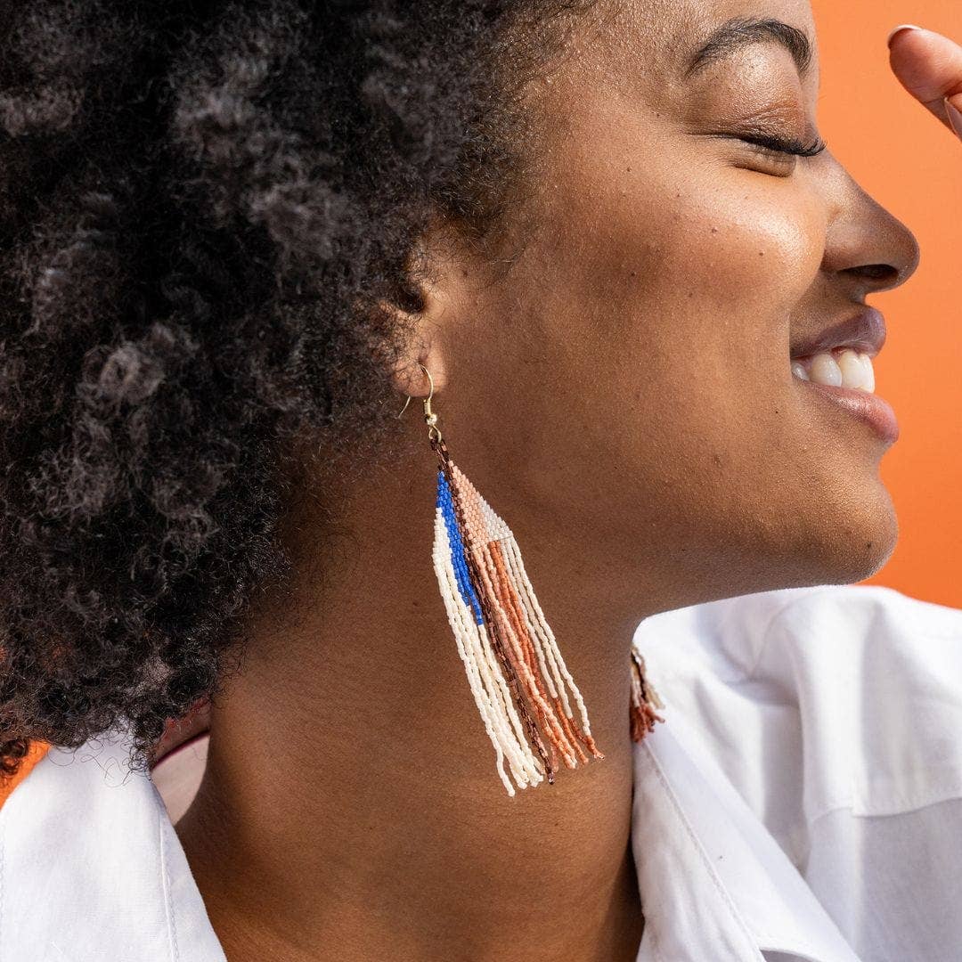 Camielle Abstract Stripe Beaded Fringe Earrings - Sedona