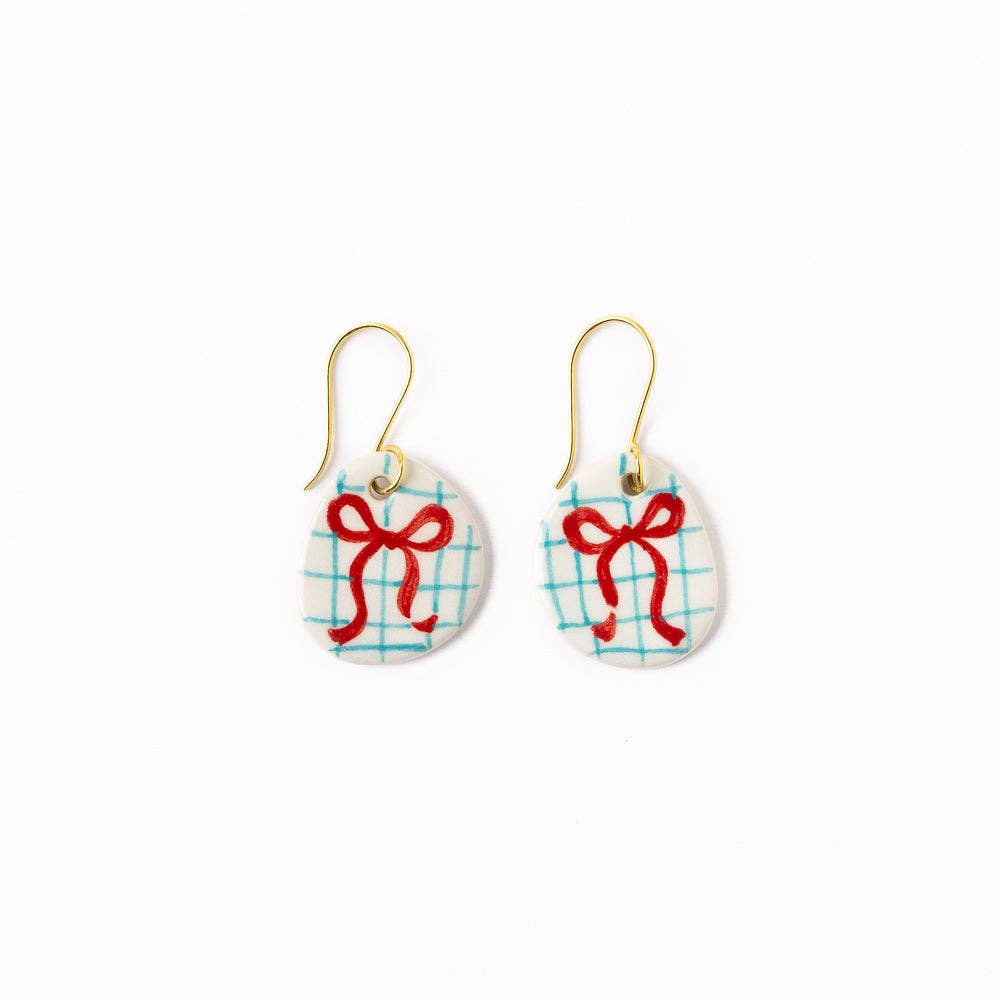 Danielle Round Ceramic Earrings with Bow and Blue Plaid