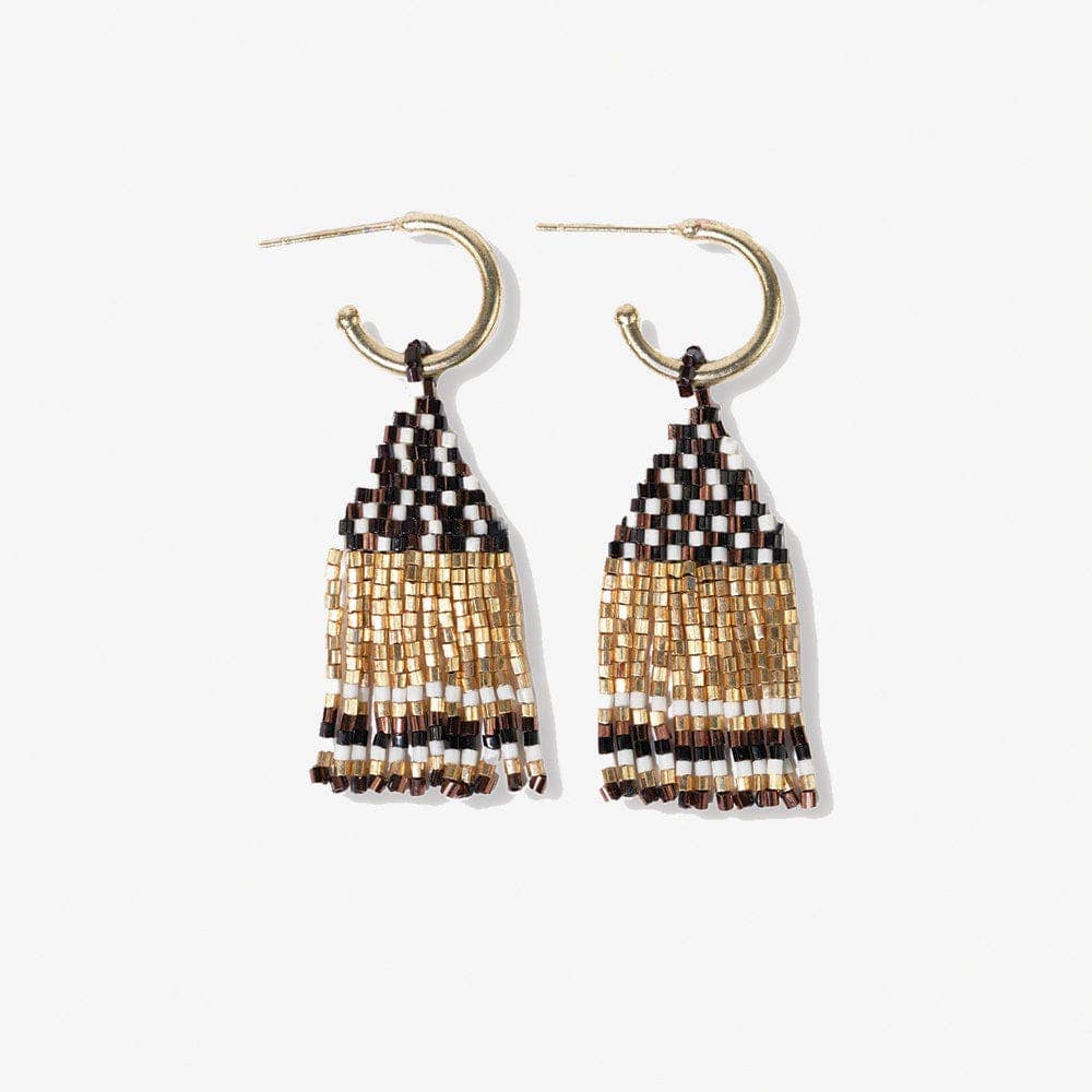 Leta Mini Gold Hoop Confetti Top and Stripe Short Fringe Earrings Black