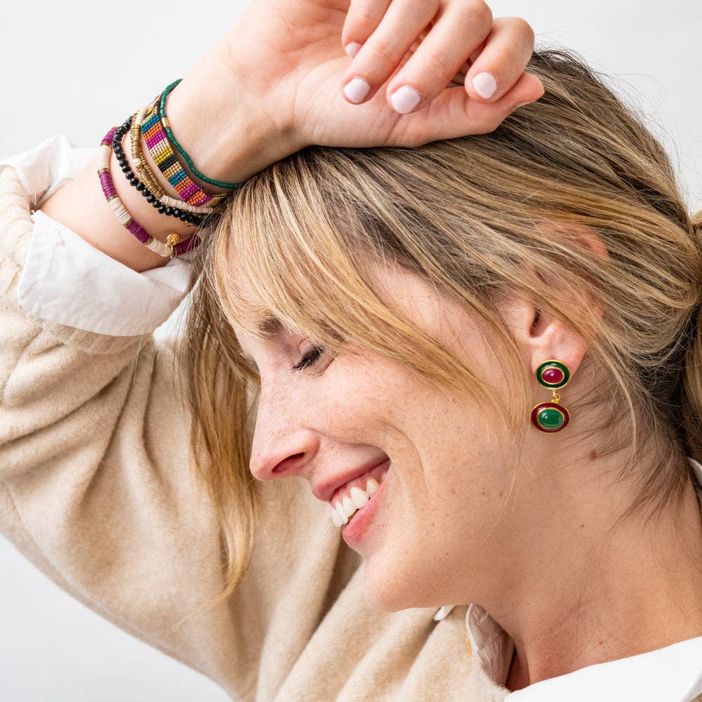 Betty Semi-Precious Mixed Stone and Enamel Drop Earrings - Magenta and Green