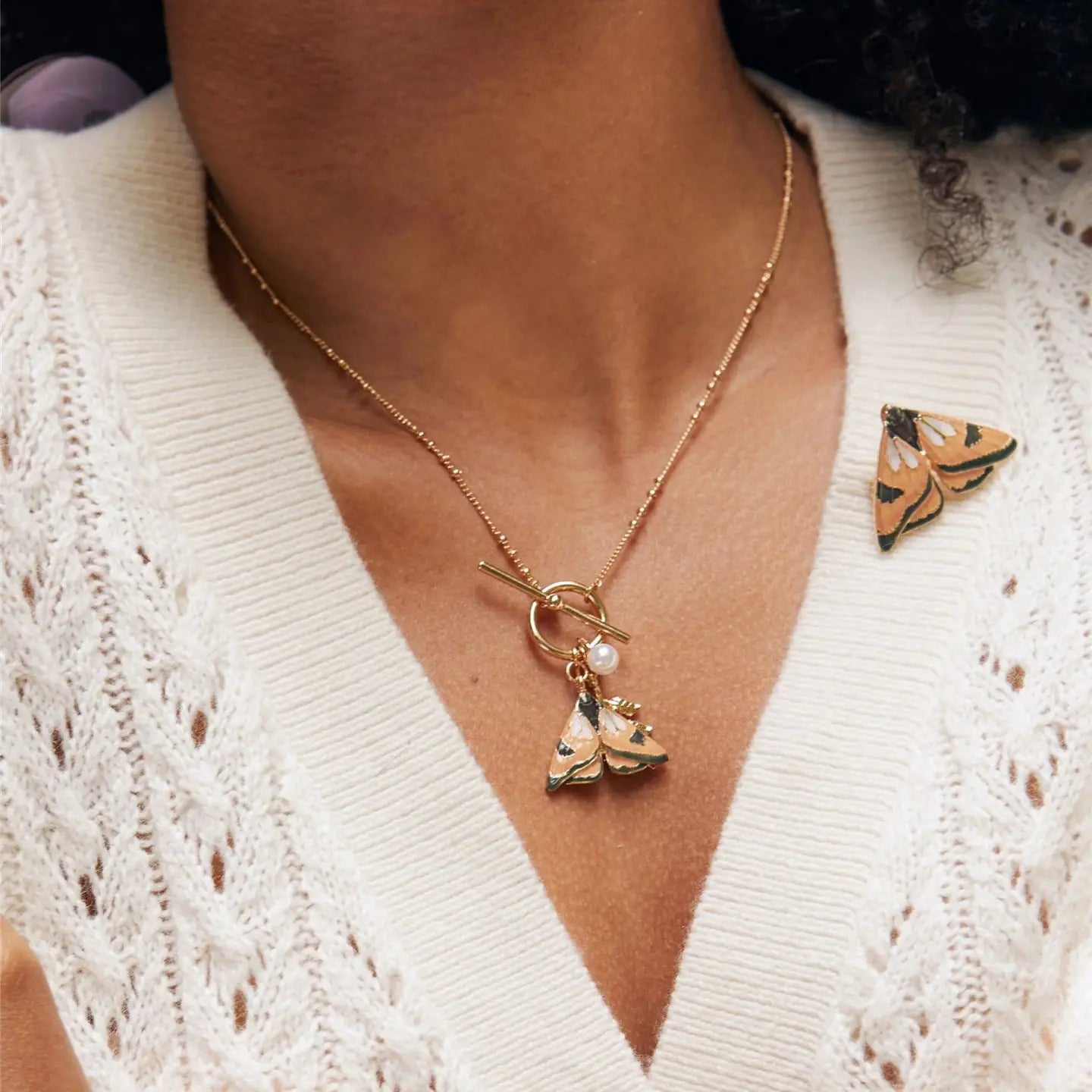 Fable Enamel Moth & Leaf Charm Necklace