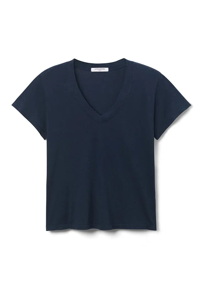 Hendrix Boxy Cotton V Neck Tee - Navy