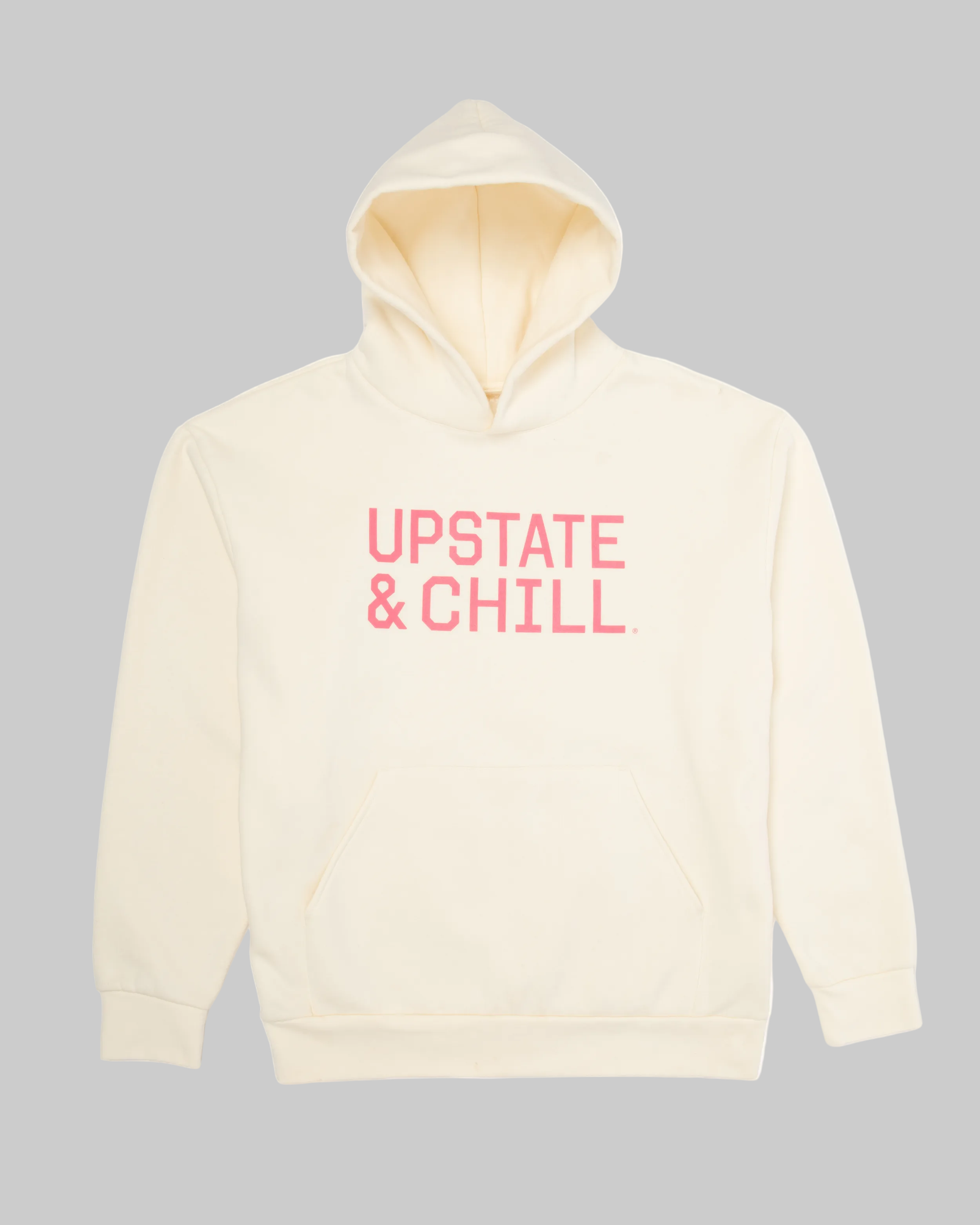 Beige hoodie with 'UPSTATE & CHILL' text in pink on a white background