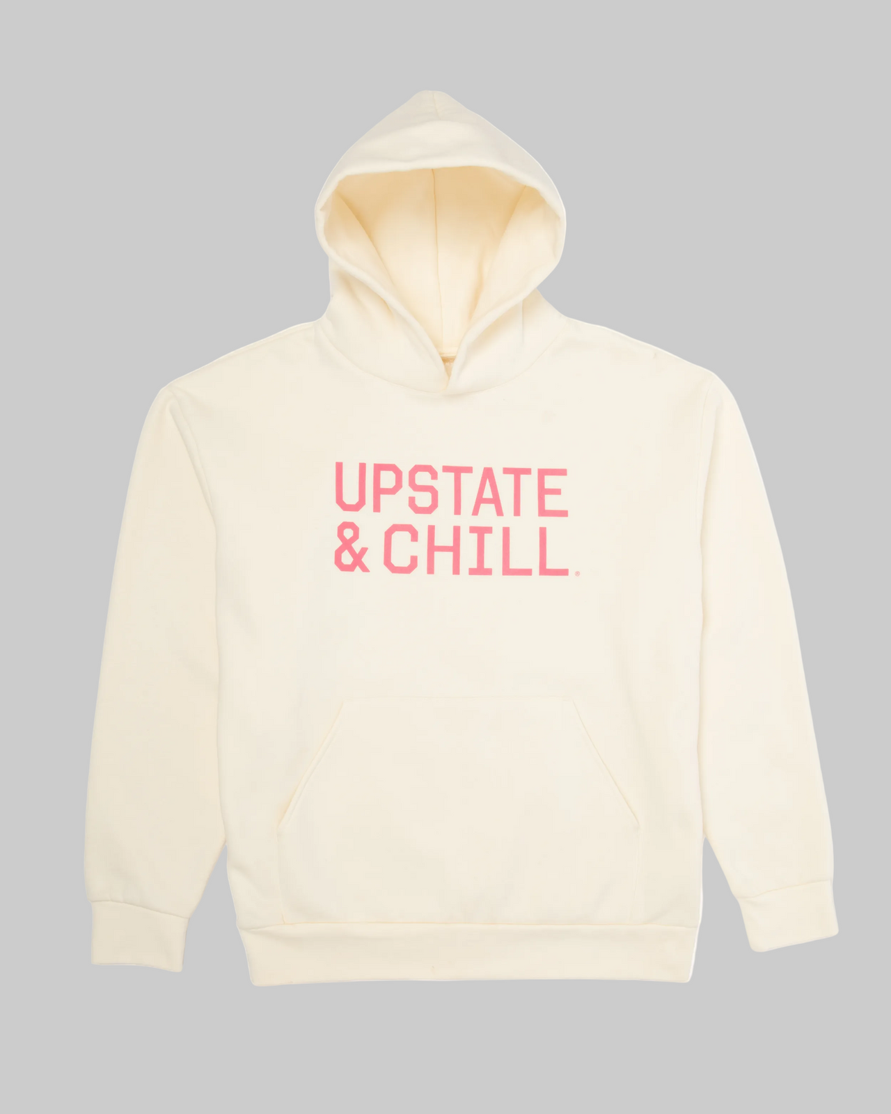 Beige hoodie with 'UPSTATE & CHILL' text in pink on a white background
