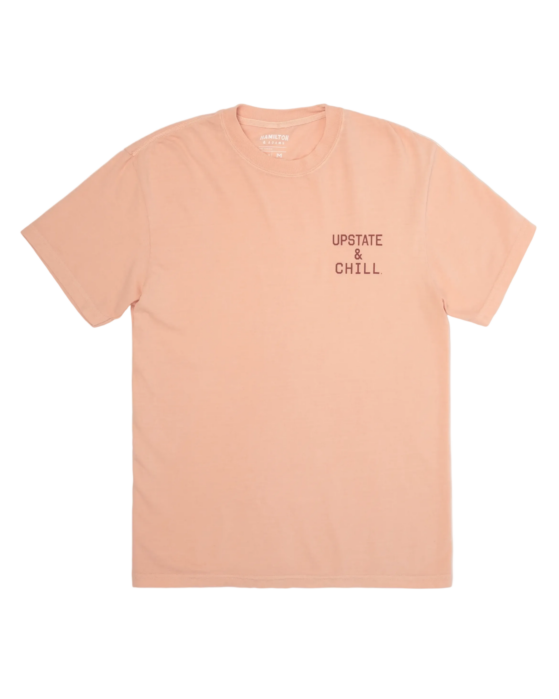Peach t-shirt with 'Upstate & Chill' text on a white background