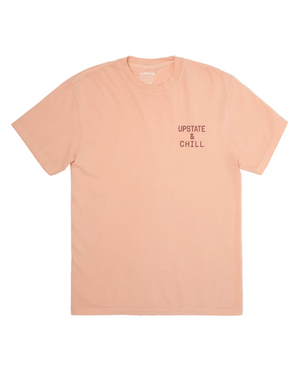 Peach t-shirt with 'Upstate & Chill' text on a white background