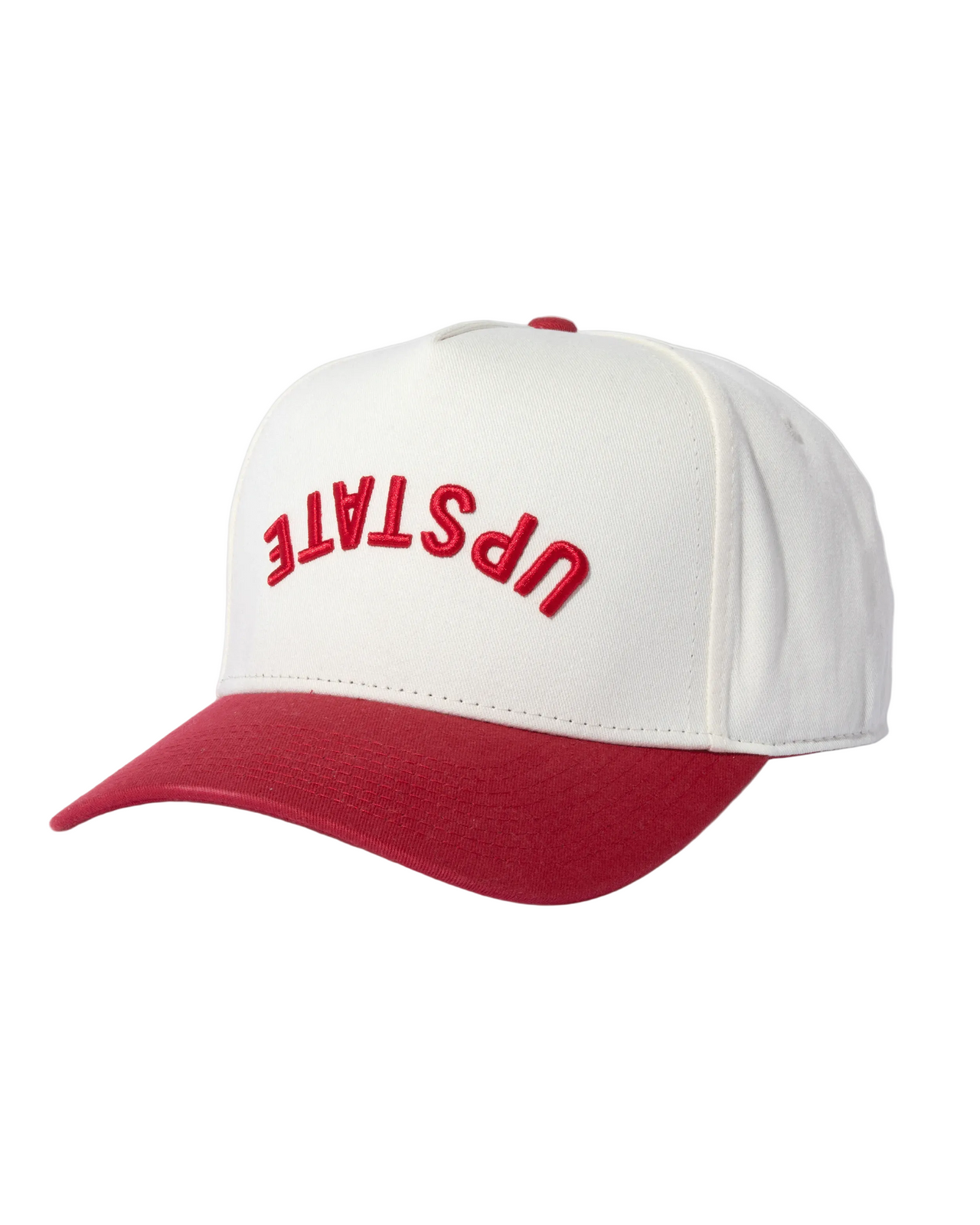 White and red cap with 'UPSTATE' text on a white background