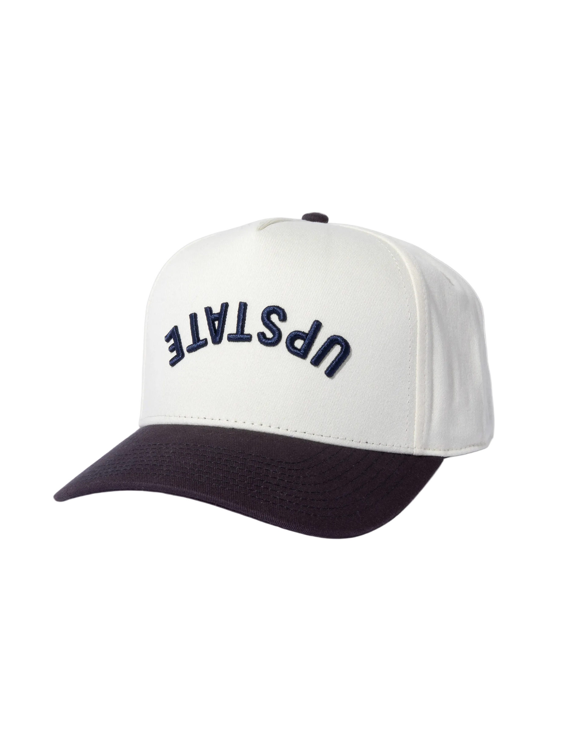 White and navy cap with 'UPSTATE' text on a white background