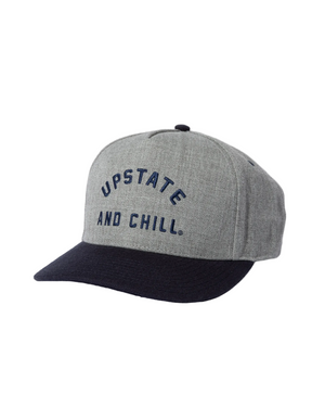 Gray and black cap with 'Upstate and Chill' text on a white background