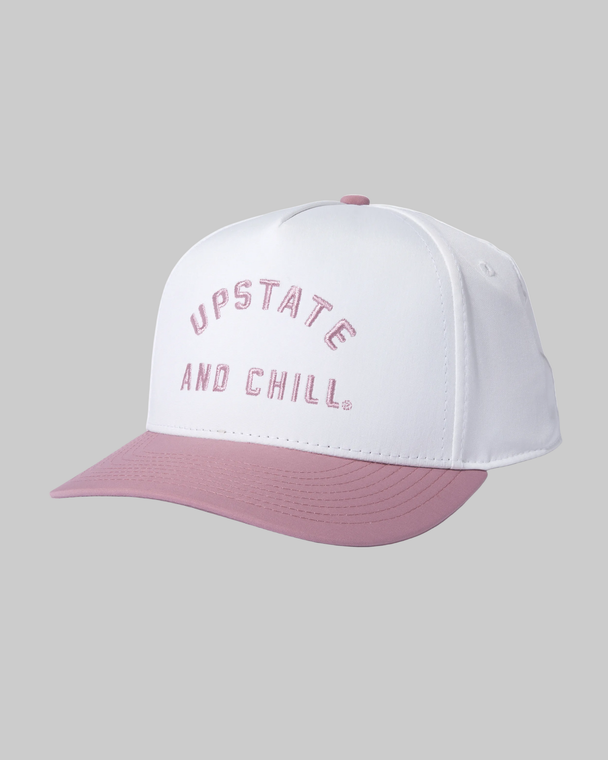 White and pink cap with 'Upstate and Chill' text on a white background