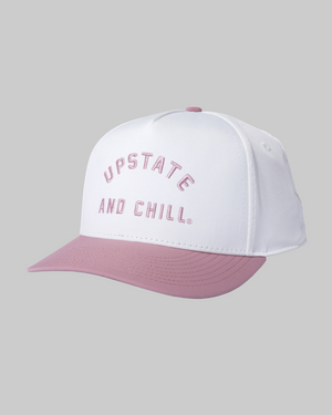 White and pink cap with 'Upstate and Chill' text on a white background