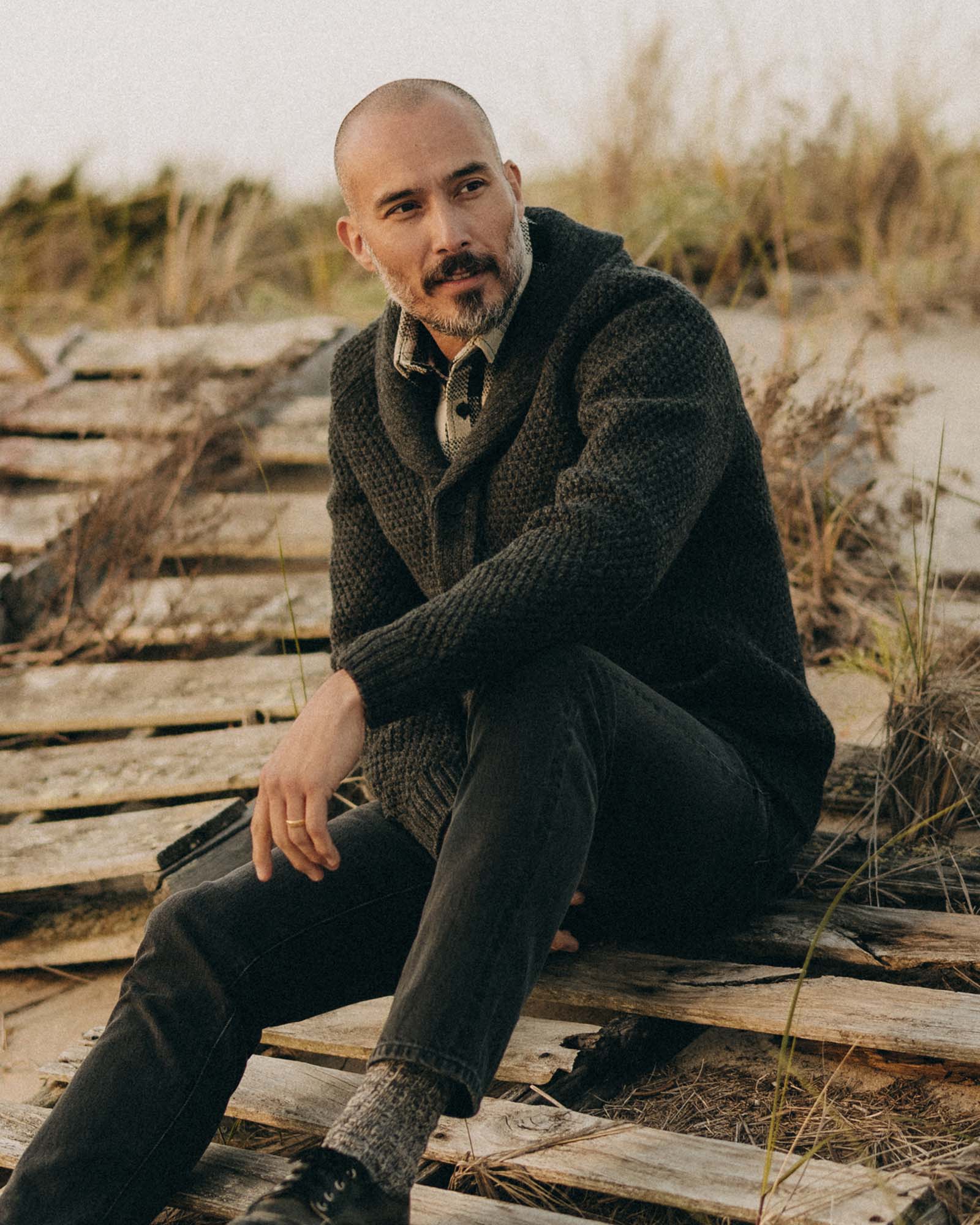 The Fisherman Shawl Cardigan in Heather Coal Merino