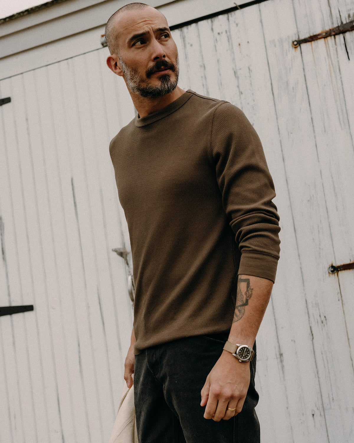The Organic Cotton Crew in Fatigue Olive Waffle