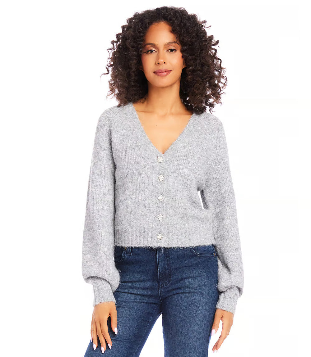 Pearl Button Cardigan Sweater - Gray