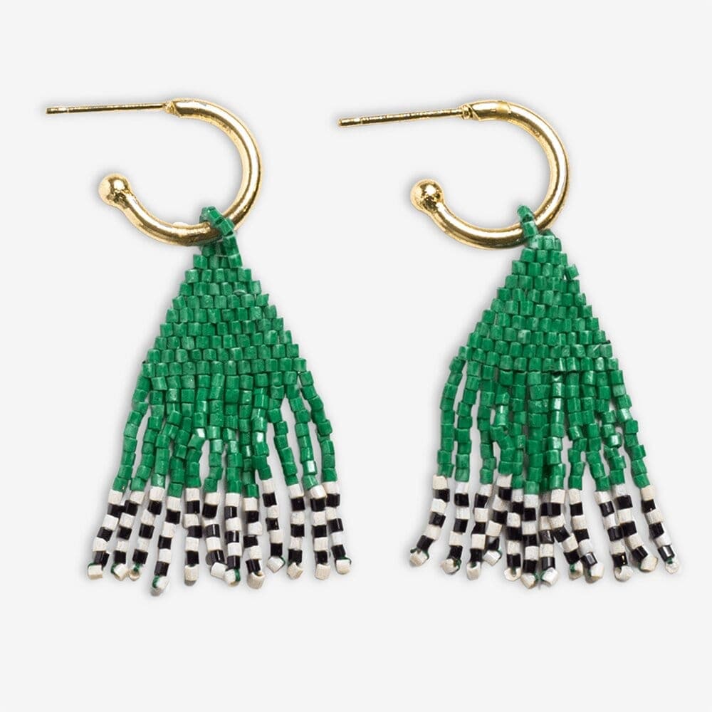 Leta Mini Gold Hoop Solid With Multi-Stripe Bottom Beaded Fringe Earrings Kelly Green