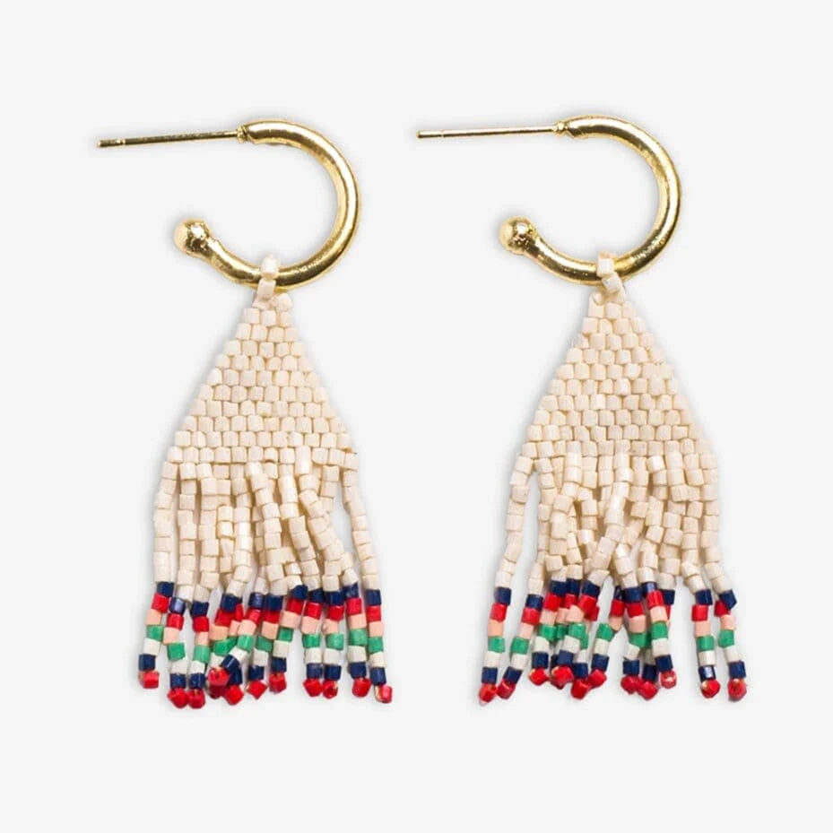 Leta Mini Gold Hoop Solid With Multi-Stripe Bottom Beaded Fringe Earrings St. Tropez