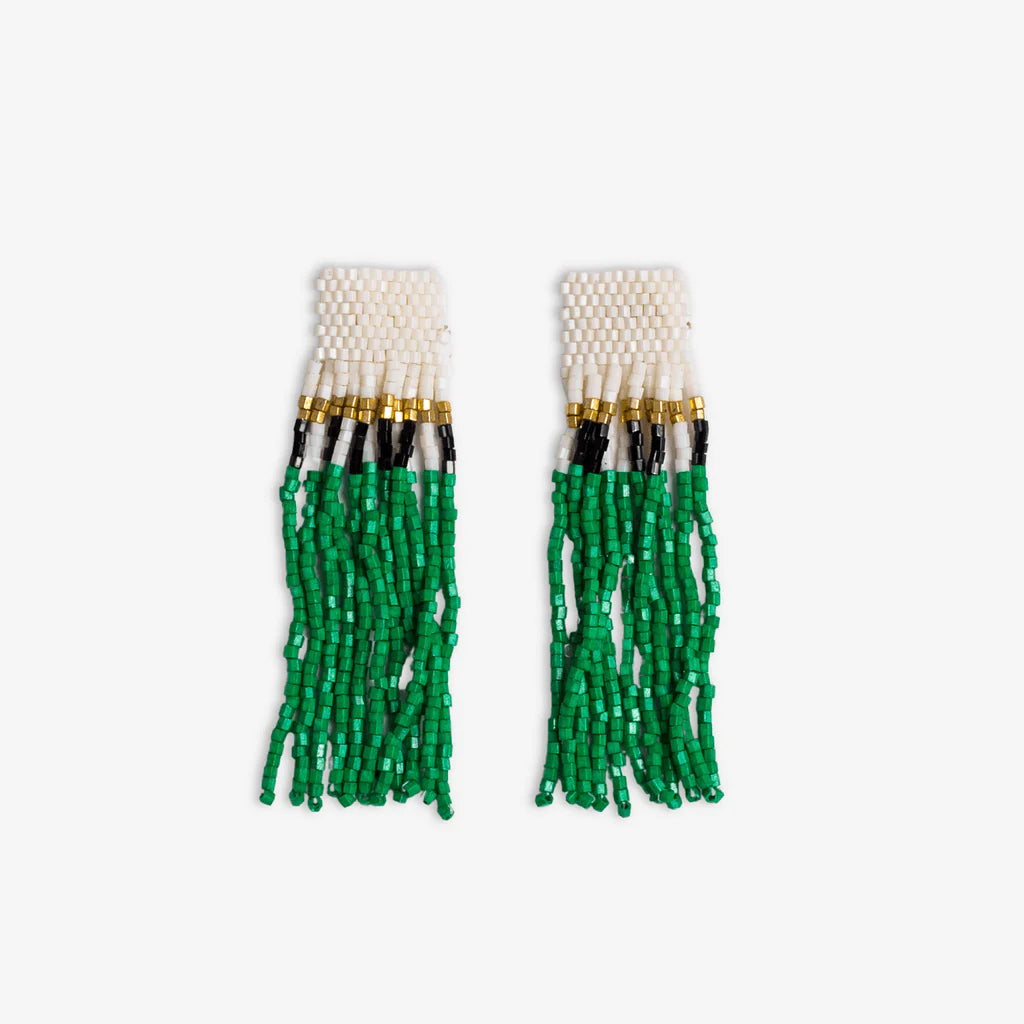 Marilyn Colorblock With Center Vertical Black Stripes Fringe Earrings Kelly Green