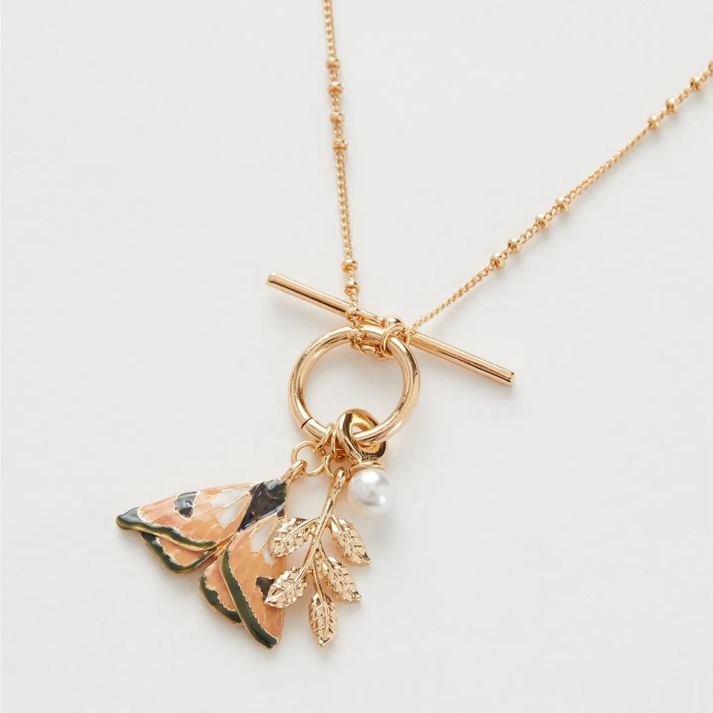 Fable Enamel Moth & Leaf Charm Necklace