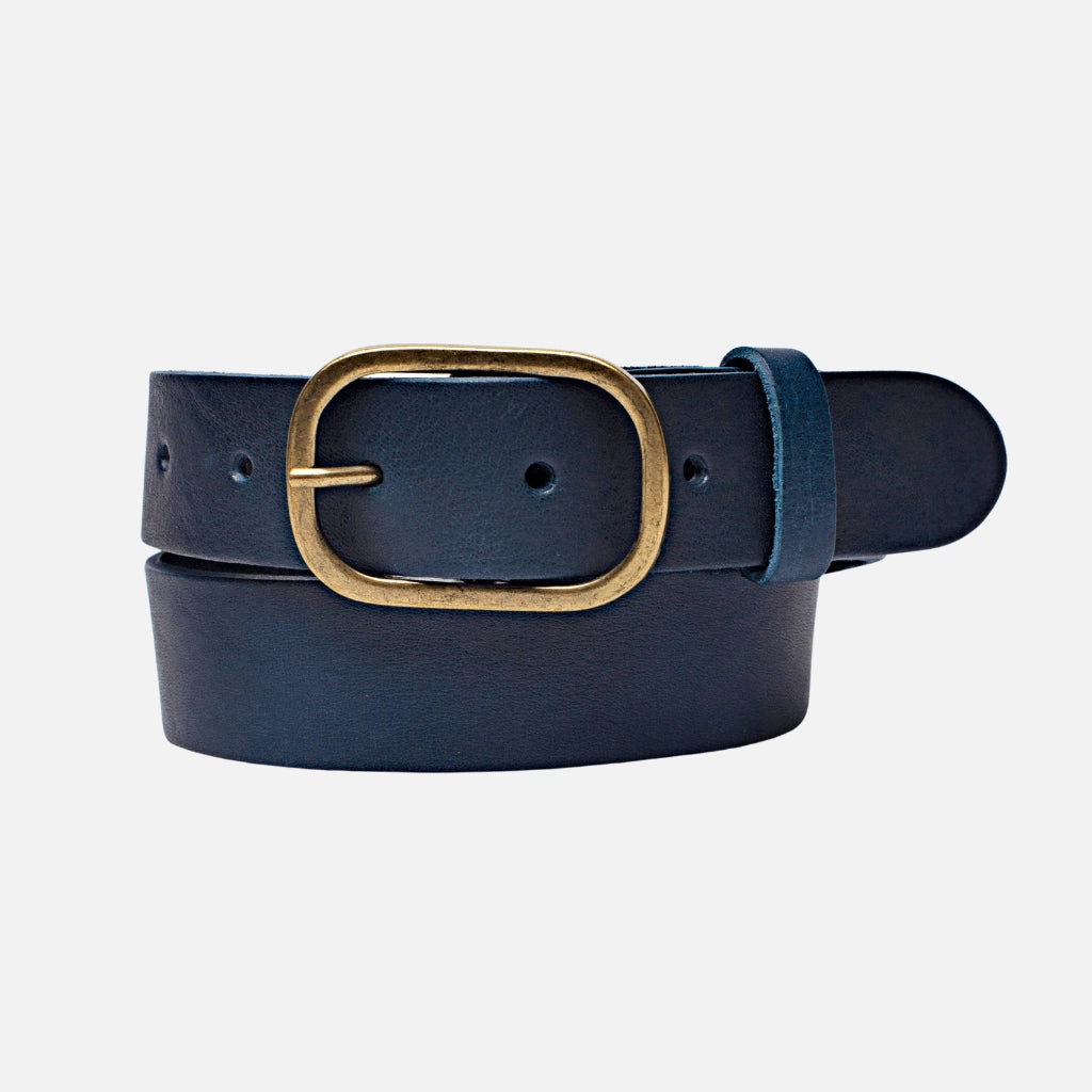 Marin Gold Oval Buckle Design Statement Leather Belt Women - Navy