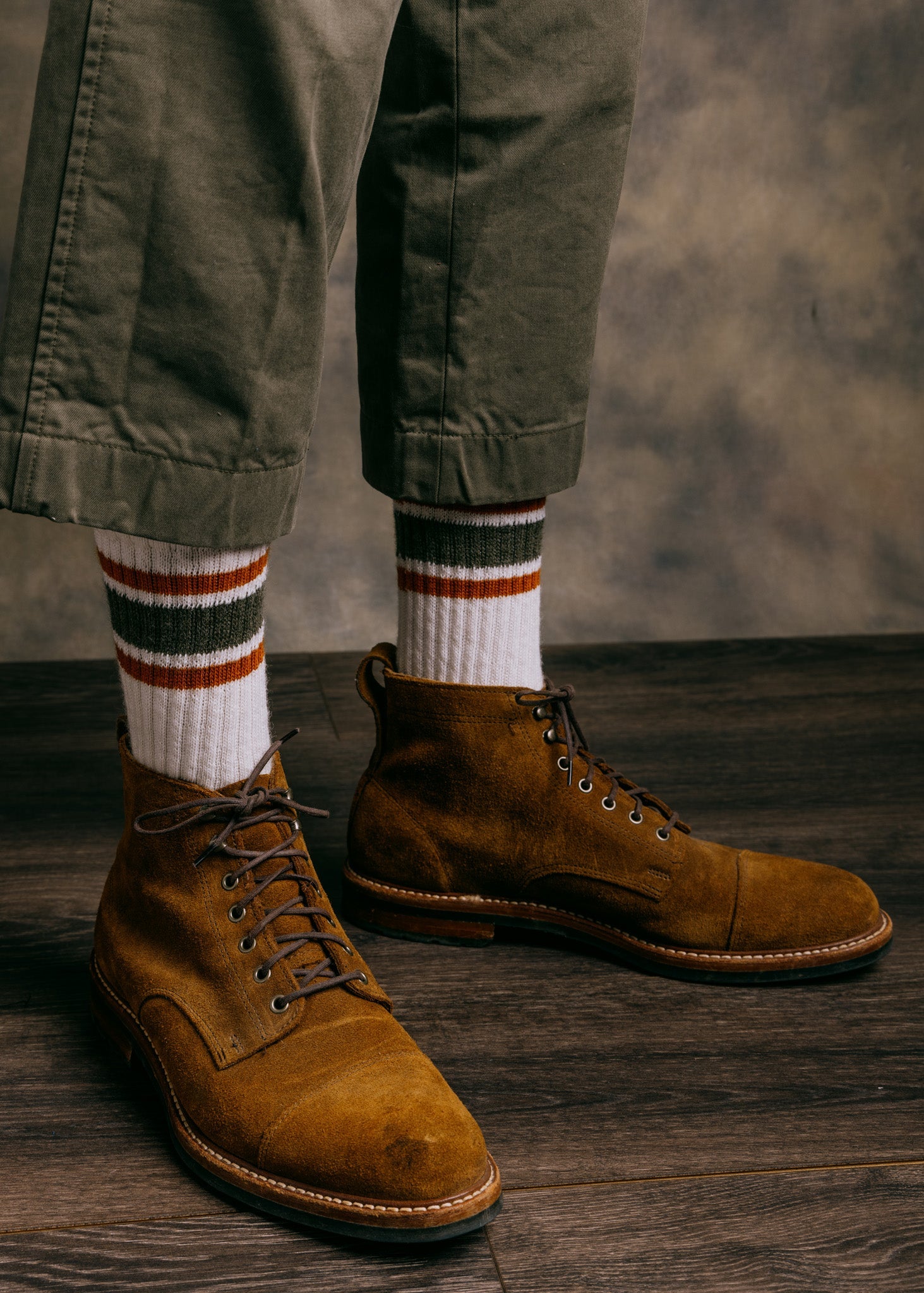 The Merino Retro Stripe Sock - Olive/Texas Orange